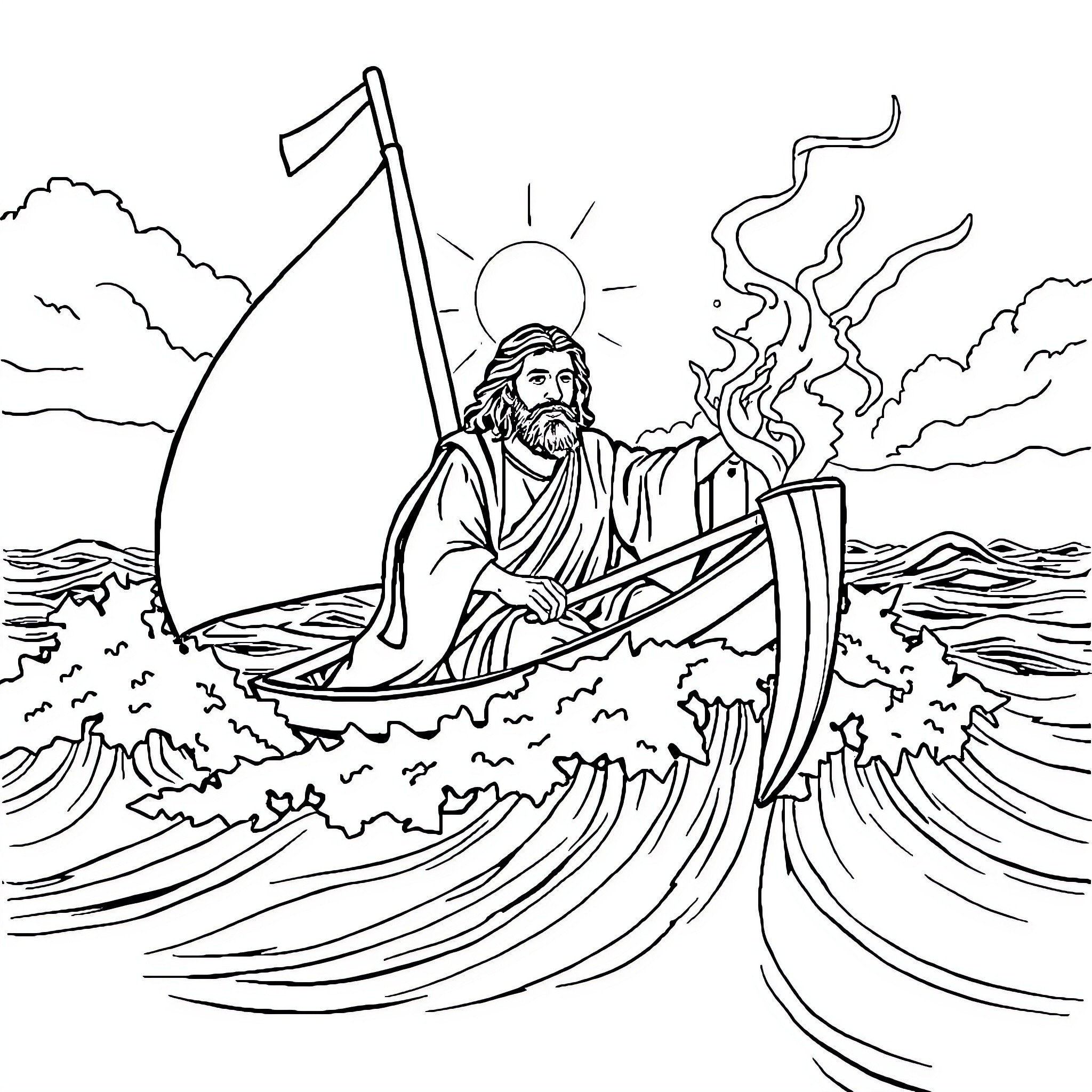Jesus calming the stormy seas Coloring Page (free black-and-white line drawing printable PDF for all, from beginners to advanced learners, including children, teens, adults, and seniors)