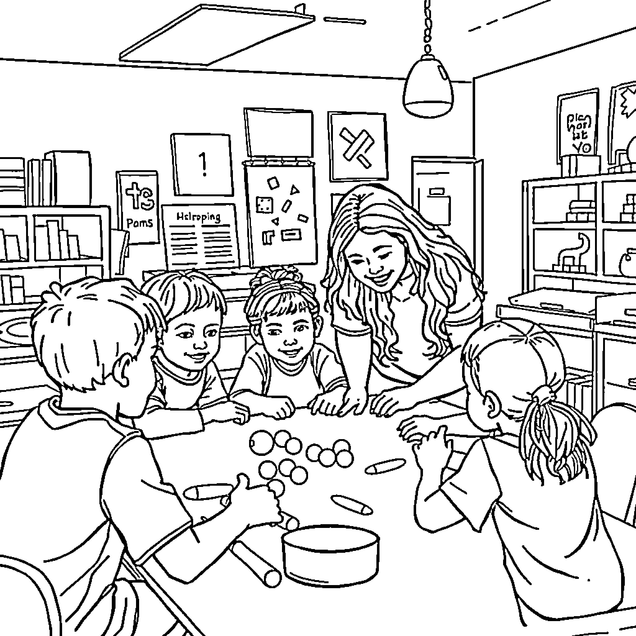 Staff members working together in an office setting Coloring Page (free black-and-white line drawing printable PDF for all, from beginners to advanced learners, including children, teens, adults, and seniors)