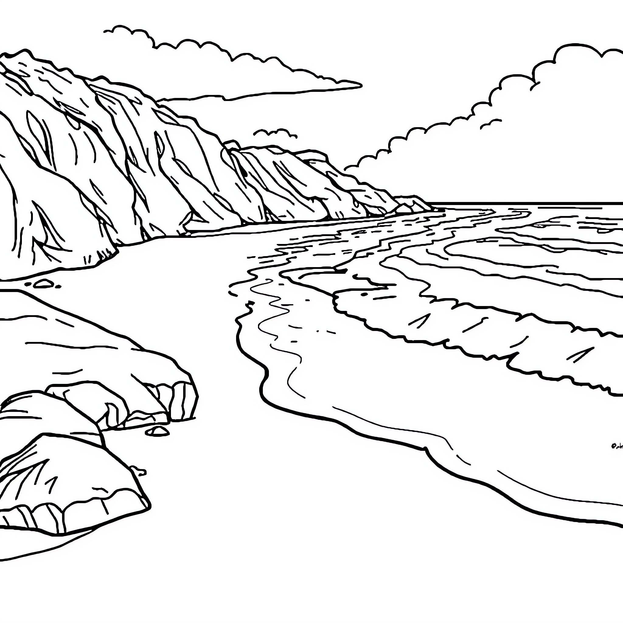 Beach scene with rugged coastline and waves Coloring Page (free black-and-white line drawing printable PDF for all, from beginners to advanced learners, including children, teens, adults, and seniors)