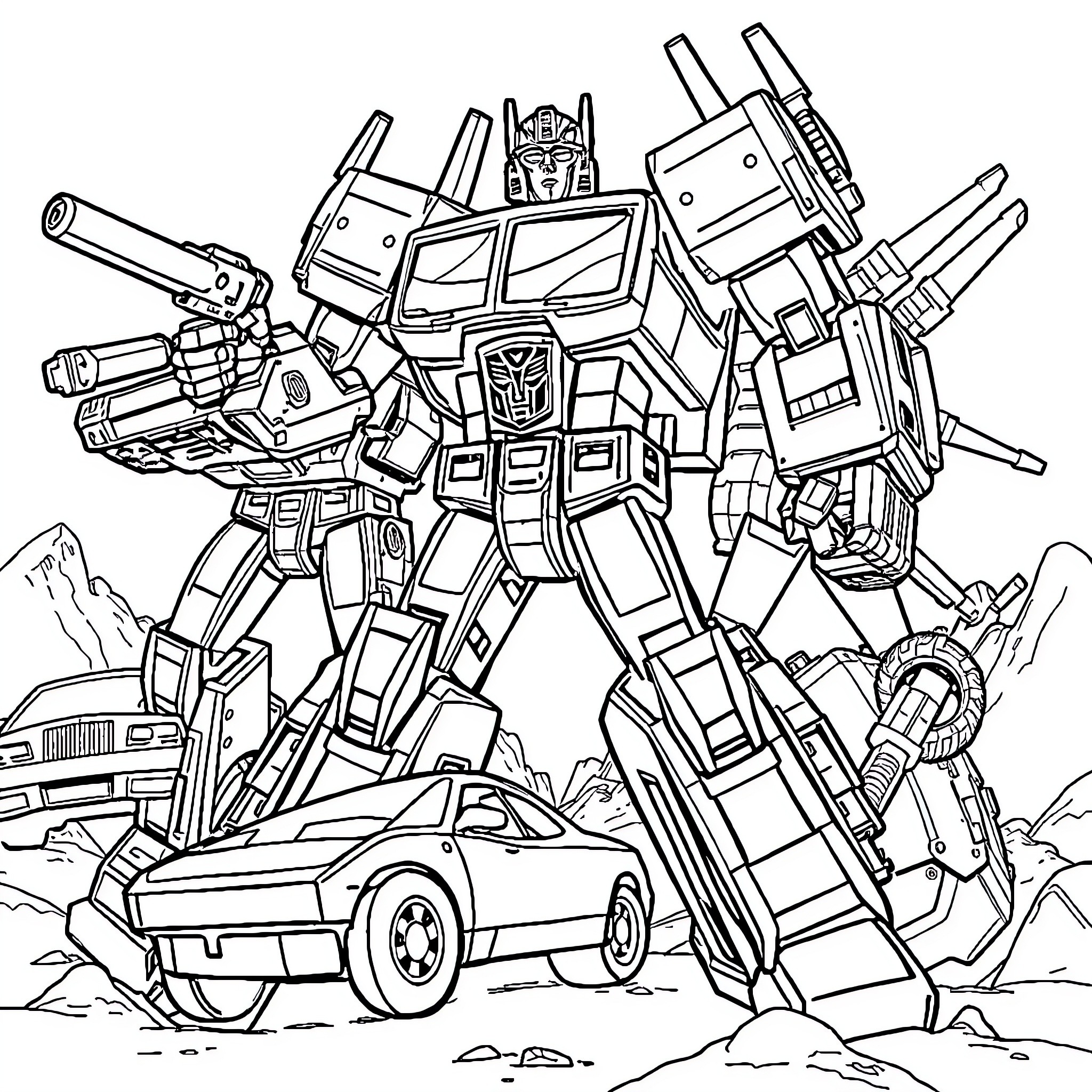 Transformer robot in epic battle with cars Coloring Page (free black-and-white line drawing printable PDF for all, from beginners to advanced learners, including children, teens, adults, and seniors)