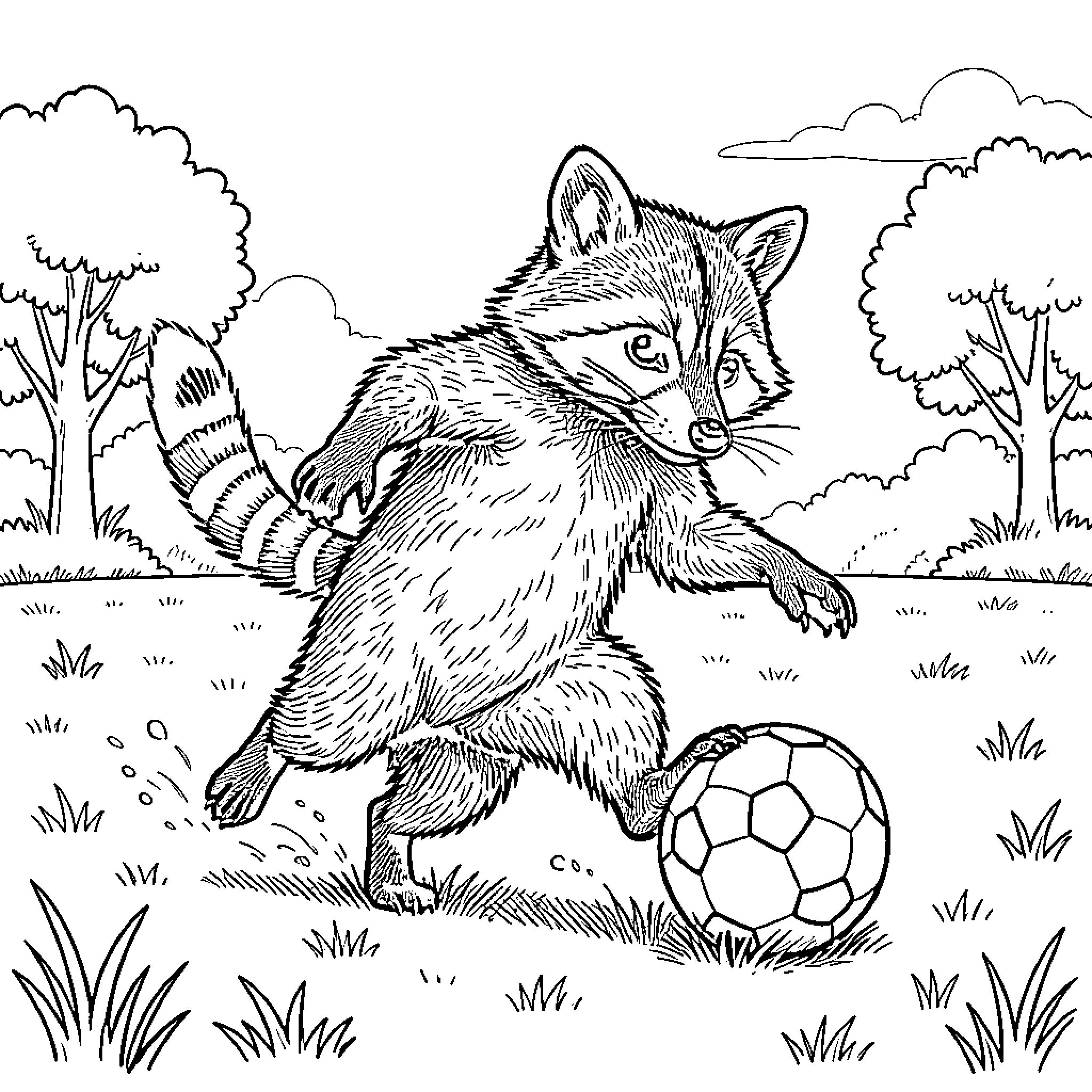 Raccoon playing soccer in a grassy field Coloring Page (free black-and-white line drawing printable PDF for all, from beginners to advanced learners, including children, teens, adults, and seniors)