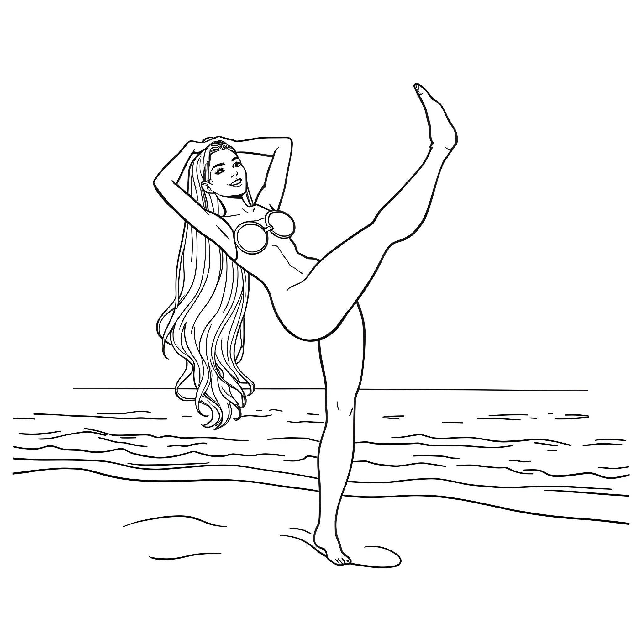 Atom Eve dancing gracefully in the waves Coloring Page (free black-and-white line drawing printable PDF for all, from beginners to advanced learners, including children, teens, adults, and seniors)