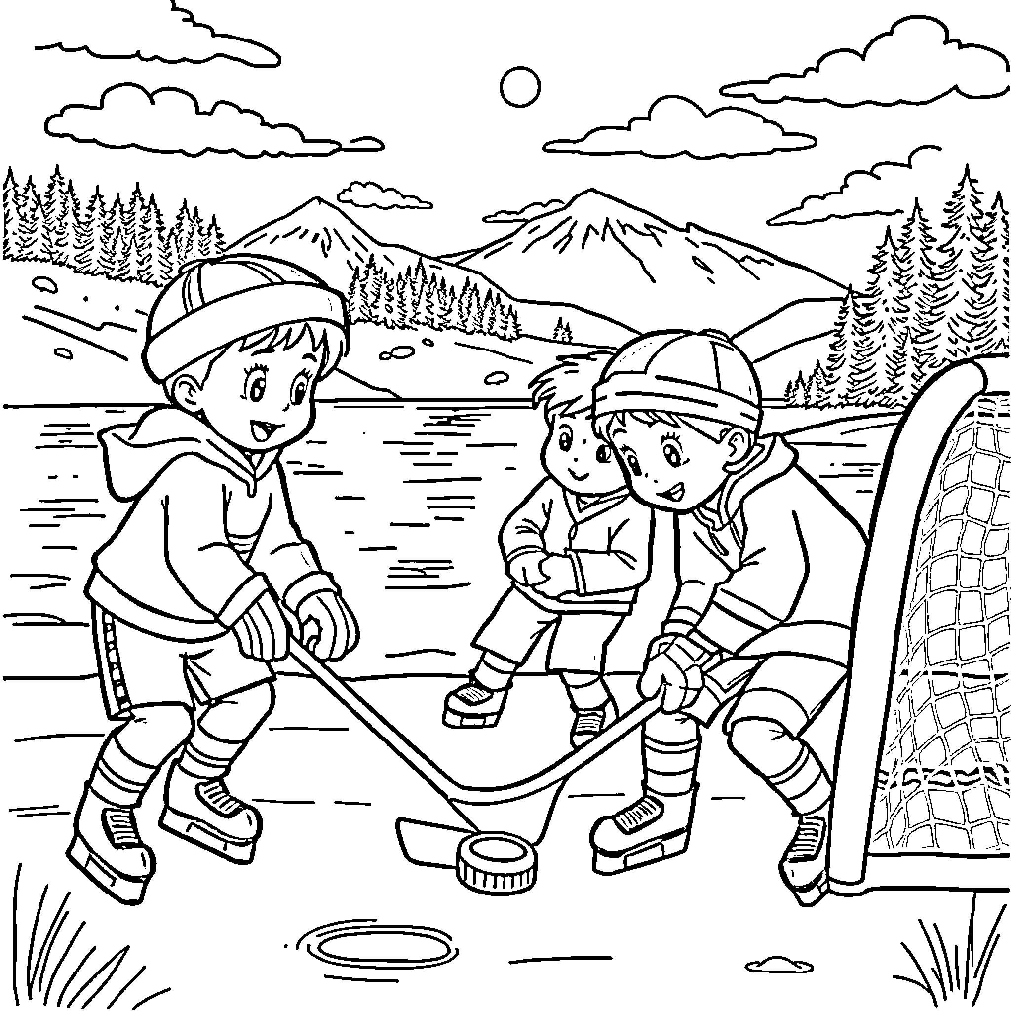 Kind children playing hockey in the winter landscape Coloring Page (free black-and-white line drawing printable PDF for all, from beginners to advanced learners, including children, teens, adults, and seniors)