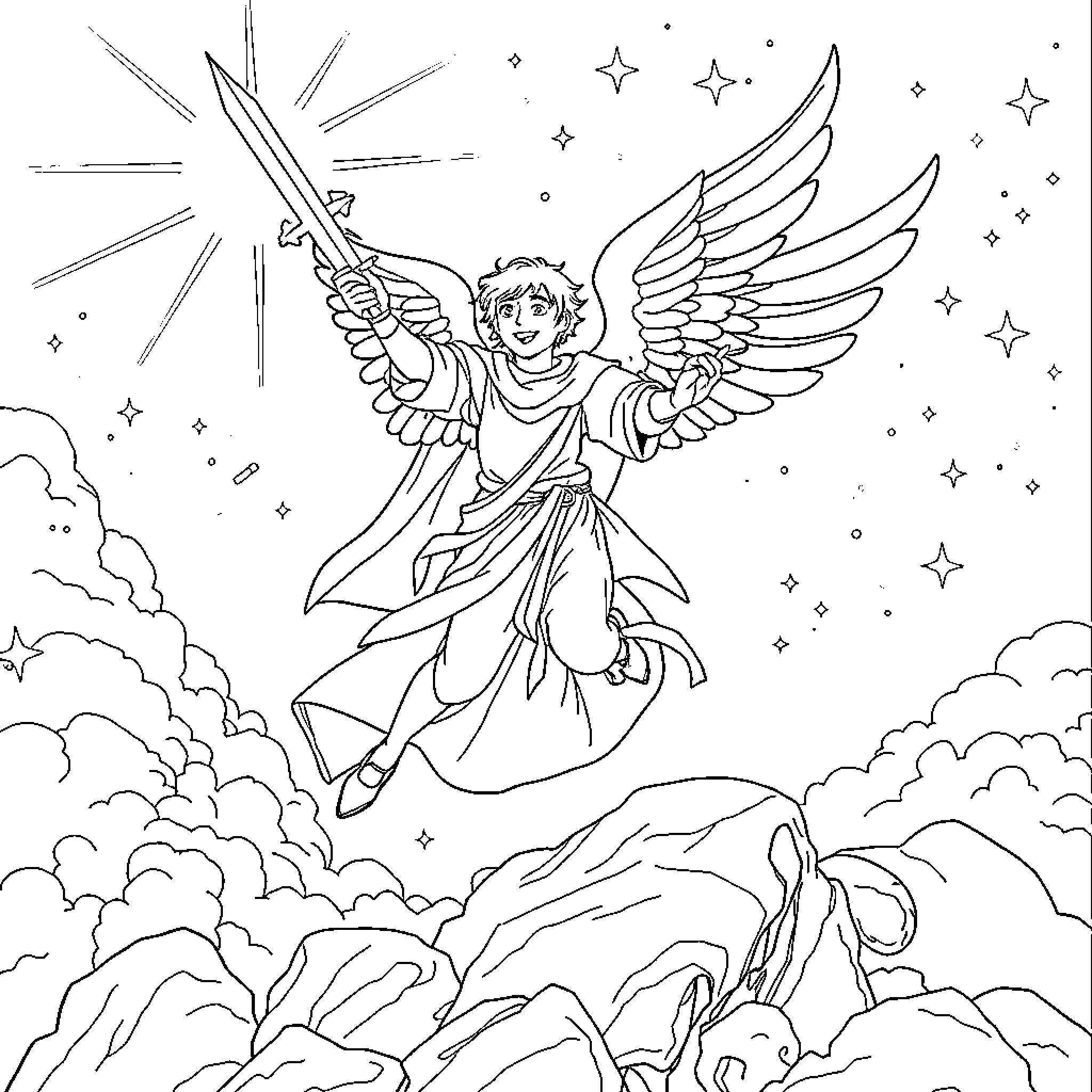 Arcangel with Sword and Wings in the Starry Sky Coloring Page (free black-and-white line drawing printable PDF for all, from beginners to advanced learners, including children, teens, adults, and seniors)