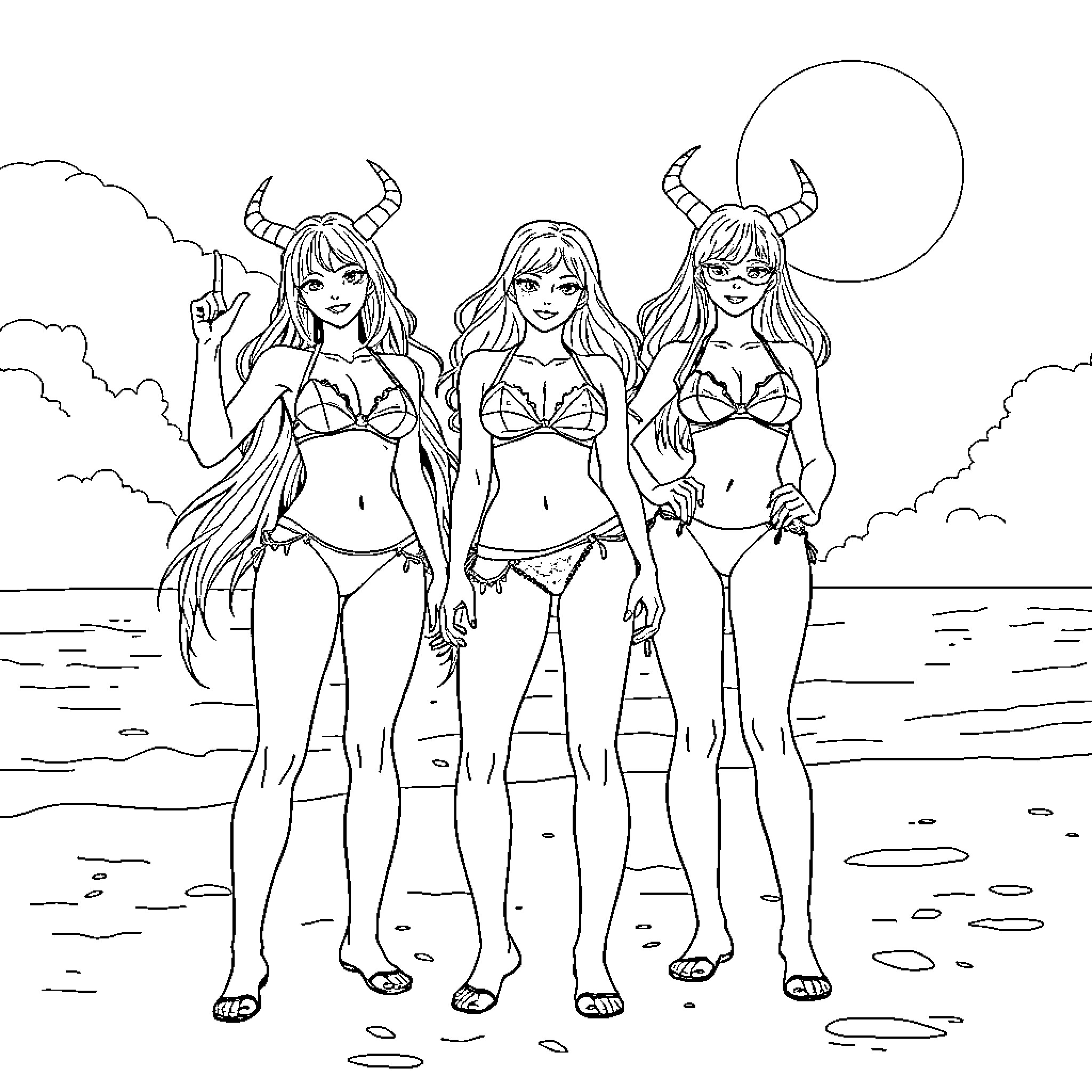 K-POP Demon Hunters Posing on the Beach Coloring Page (free black-and-white line drawing printable PDF for all, from beginners to advanced learners, including children, teens, adults, and seniors)
