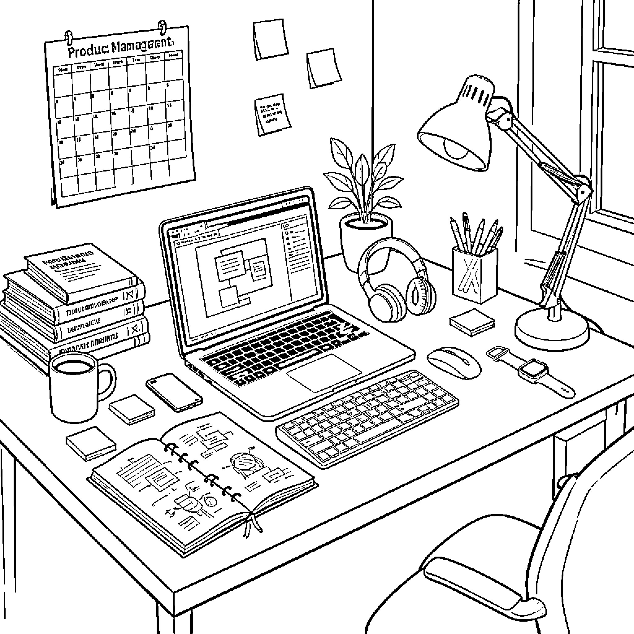 Product Manager workspace with laptop and organized desk supplies Coloring Page (free black-and-white line drawing printable PDF for all, from beginners to advanced learners, including children, teens, adults, and seniors)