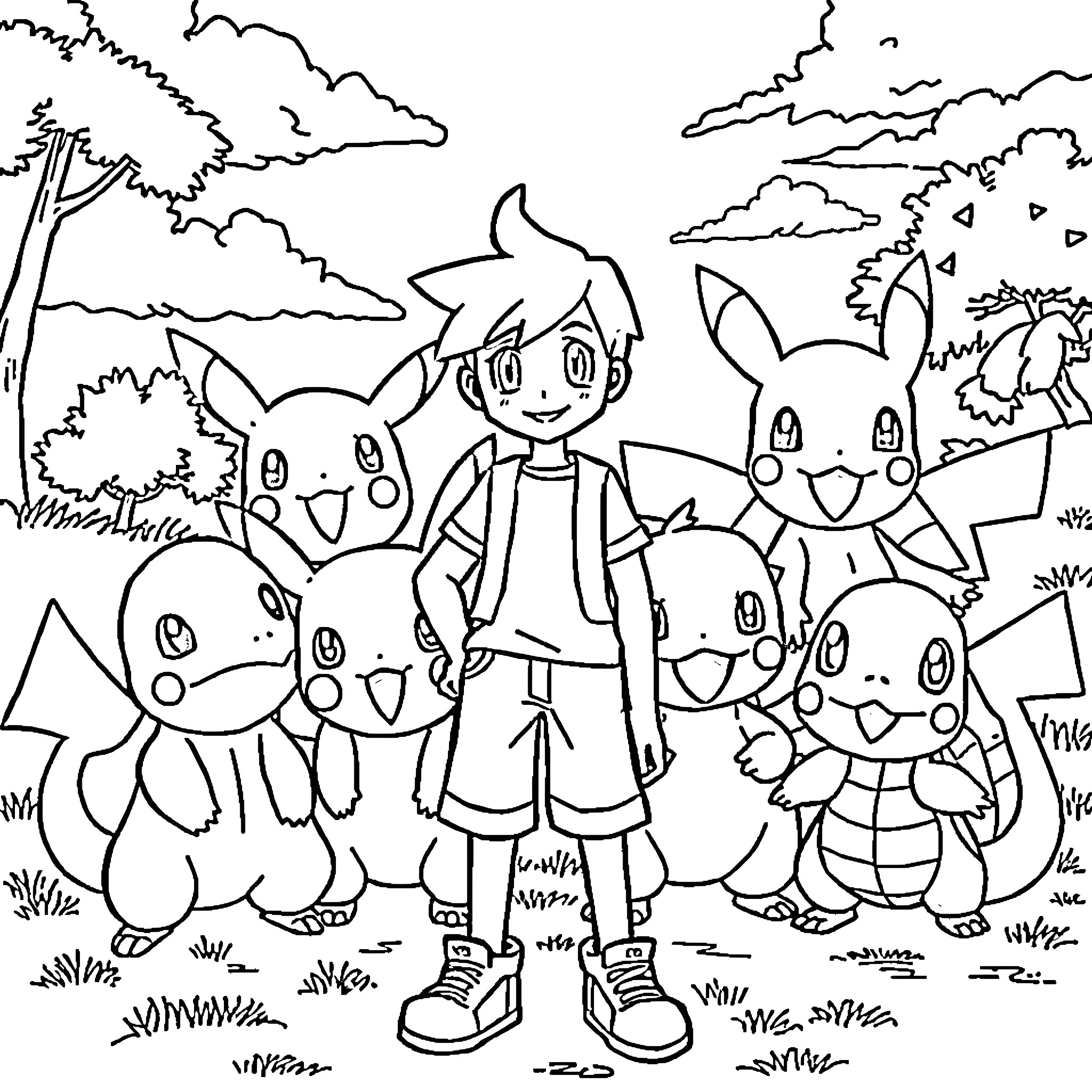 Ash Ketchum and his Pokémon friends in the wilderness Coloring Page (free black-and-white line drawing printable PDF for all, from beginners to advanced learners, including children, teens, adults, and seniors)