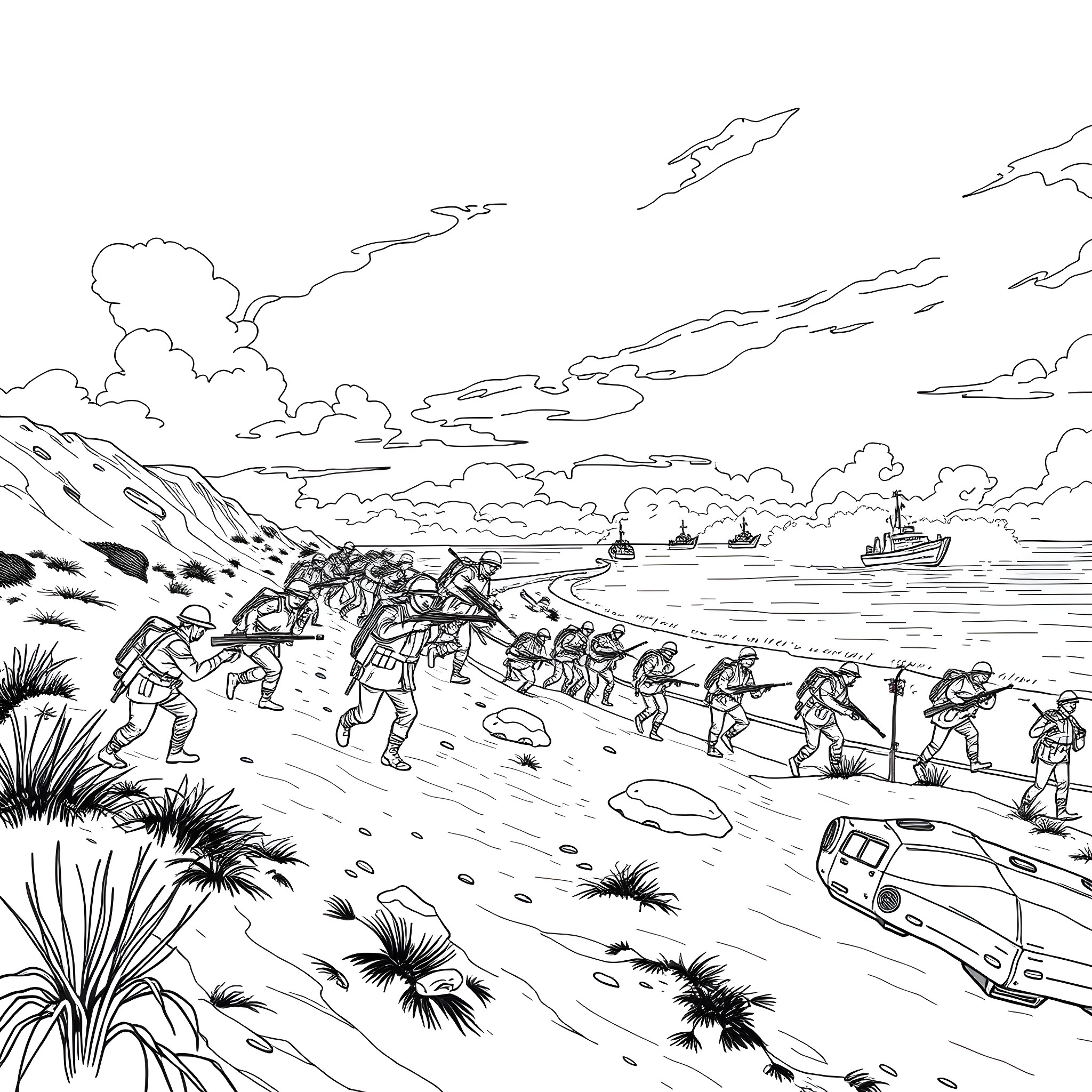 D Day Soldiers Landing on the Shores Coloring Page (free black-and-white line drawing printable PDF for all, from beginners to advanced learners, including children, teens, adults, and seniors)