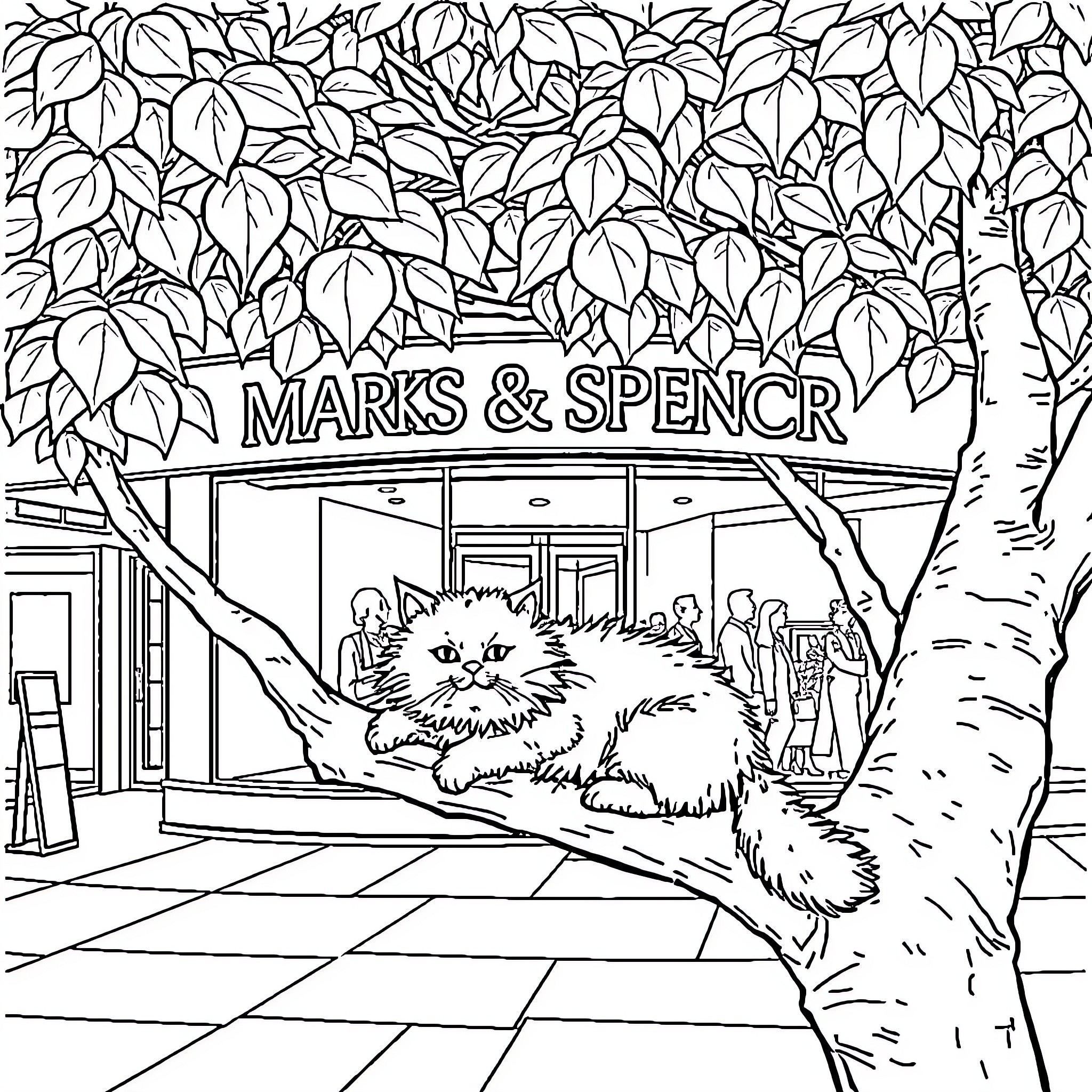 Cat overlooking Marks & Spencer storefront Coloring Page (free black-and-white line drawing printable PDF for all, from beginners to advanced learners, including children, teens, adults, and seniors)