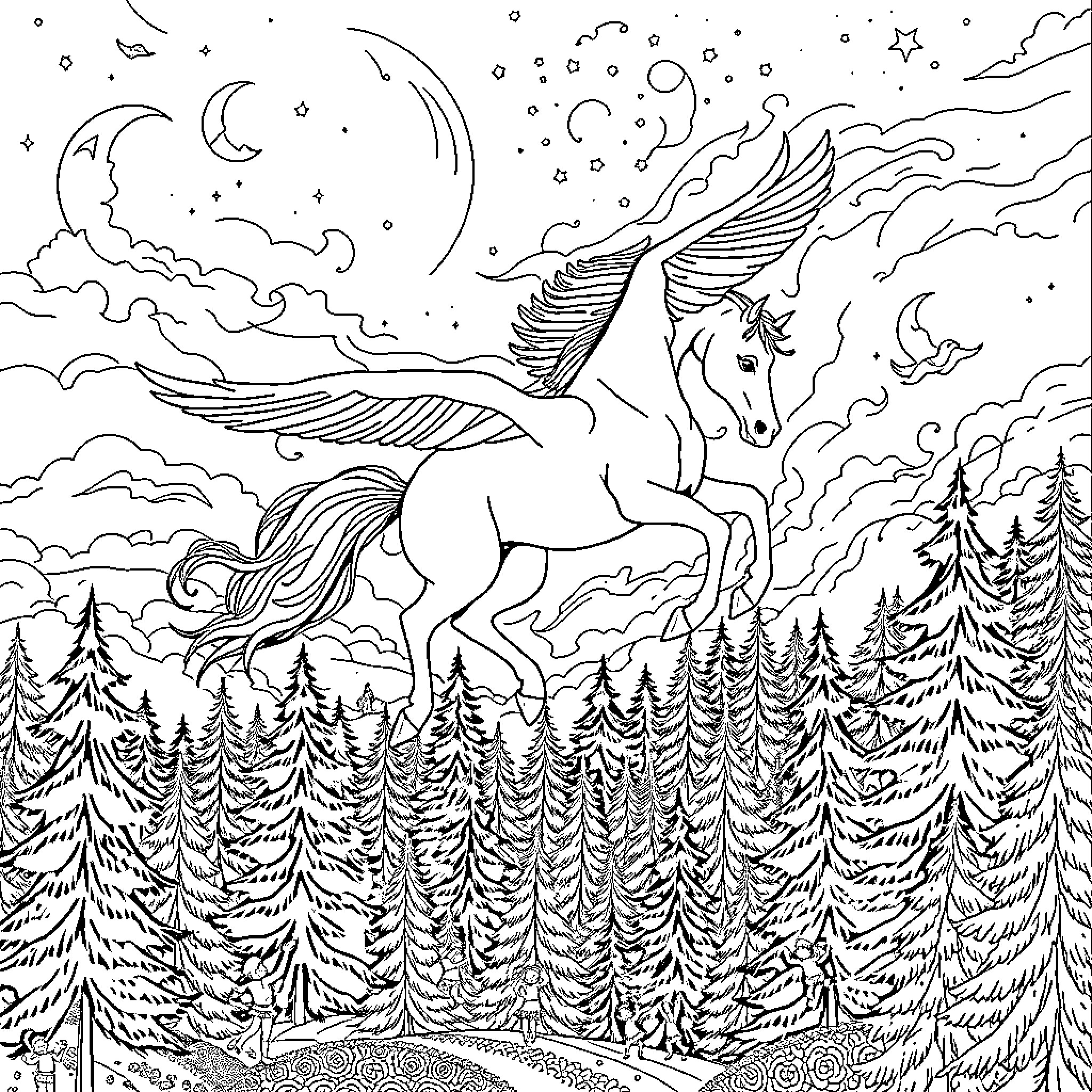 Horse soaring through the magical night sky Coloring Page (free black-and-white line drawing printable PDF for all, from beginners to advanced learners, including children, teens, adults, and seniors)