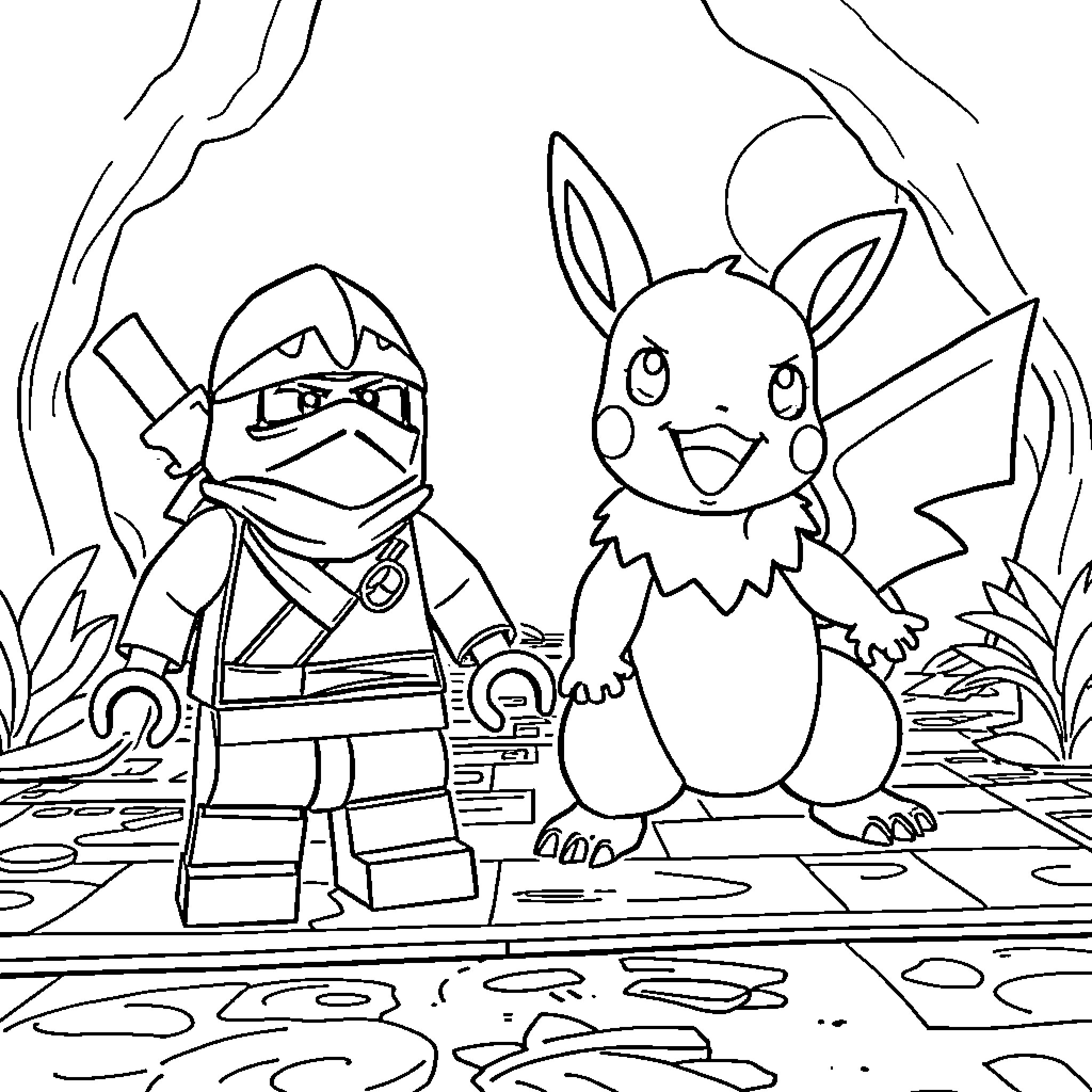 Ninjago characters in an adventurous scene Coloring Page (free black-and-white line drawing printable PDF for all, from beginners to advanced learners, including children, teens, adults, and seniors)
