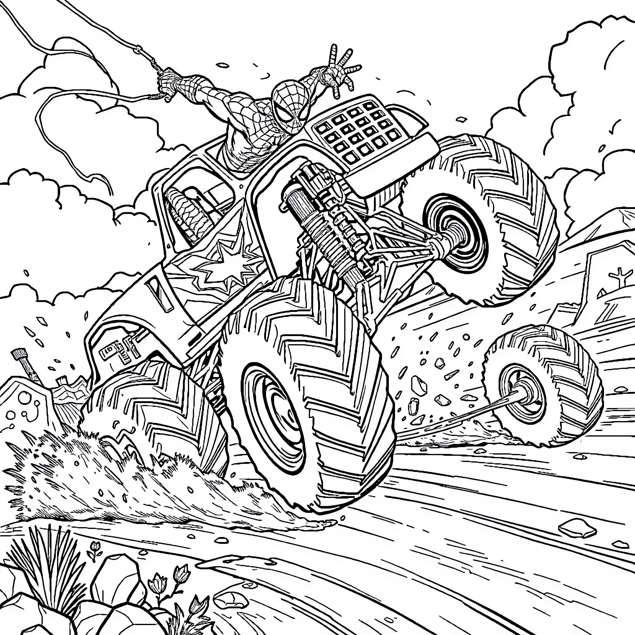 Monster Truck Crushing Through Rough Terrain Coloring Page (free black-and-white line drawing printable PDF for all, from beginners to advanced learners, including children, teens, adults, and seniors)