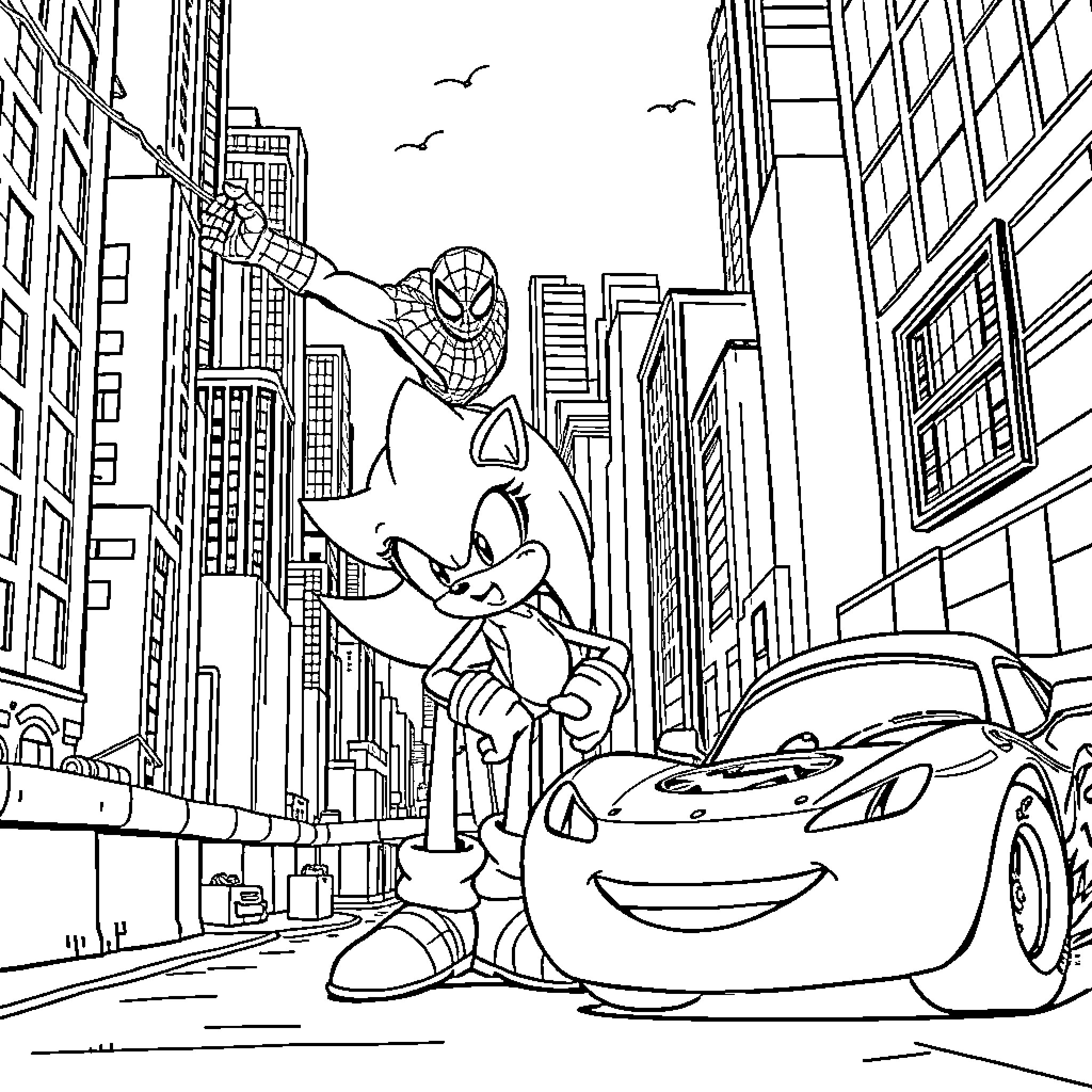 Spiderman swinging through the city with a car Coloring Page (free black-and-white line drawing printable PDF for all, from beginners to advanced learners, including children, teens, adults, and seniors)