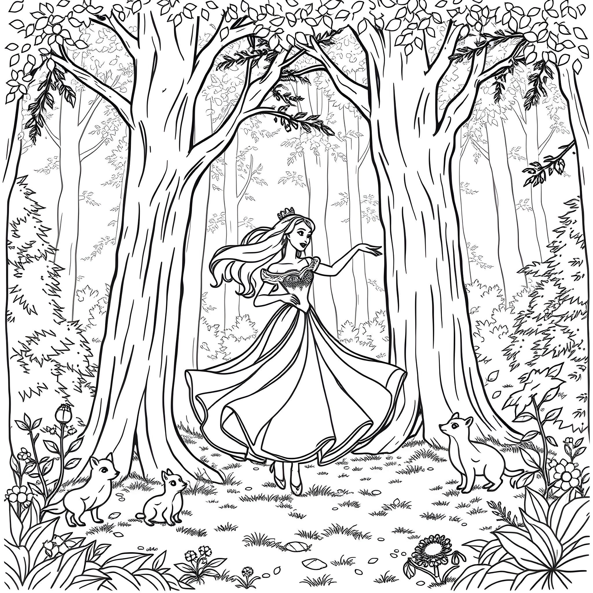 Princess Exploring the Enchanted Forest Coloring Page (free black-and-white line drawing printable PDF for all, from beginners to advanced learners, including children, teens, adults, and seniors)