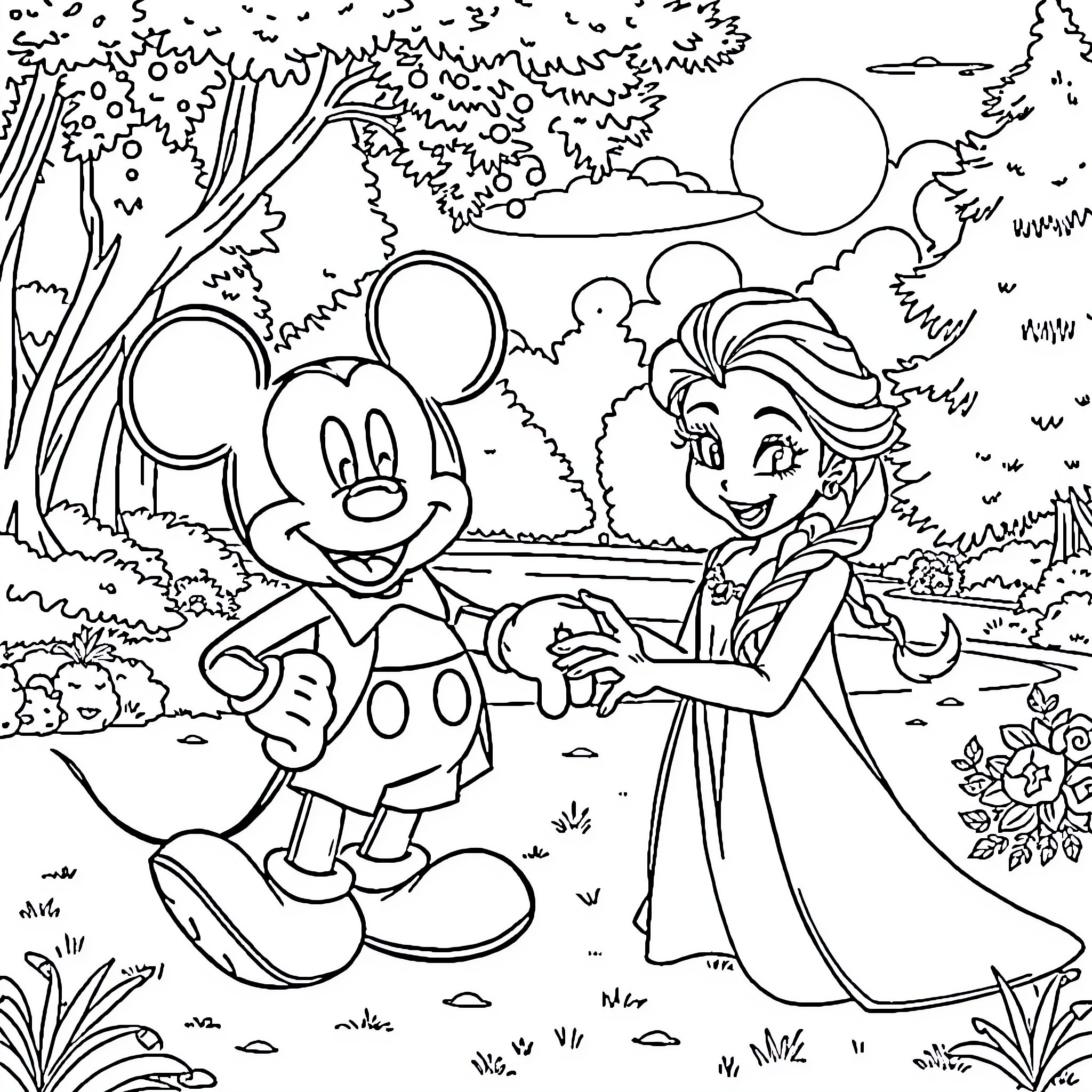 Elsa and Mickey Mouse's Adventure in the Enchanted Forest Coloring Page (free black-and-white line drawing printable PDF for all, from beginners to advanced learners, including children, teens, adults, and seniors)