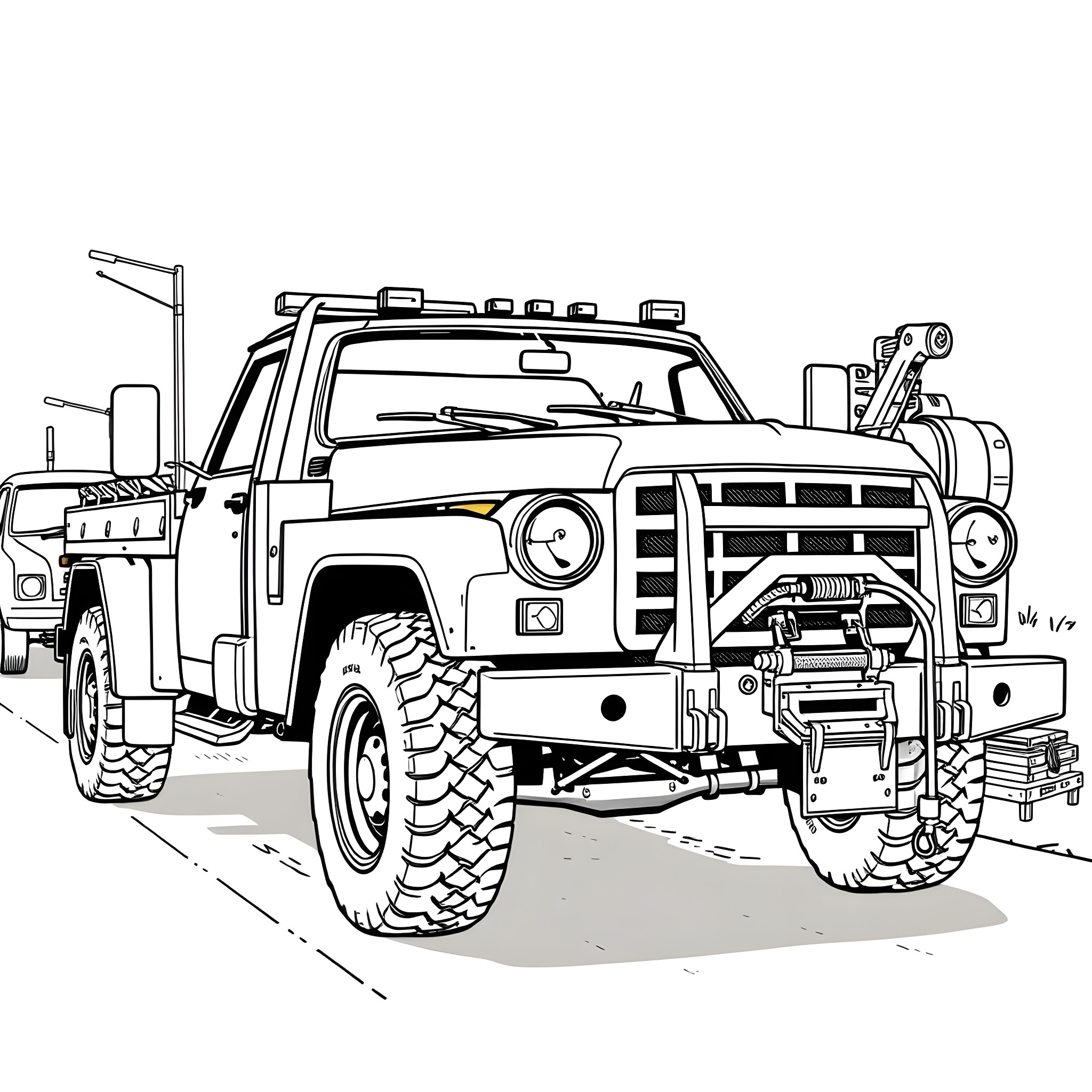 Wrecker towing heavy duty equipment on the road Coloring Page (free black-and-white line drawing printable PDF for all, from beginners to advanced learners, including children, teens, adults, and seniors)