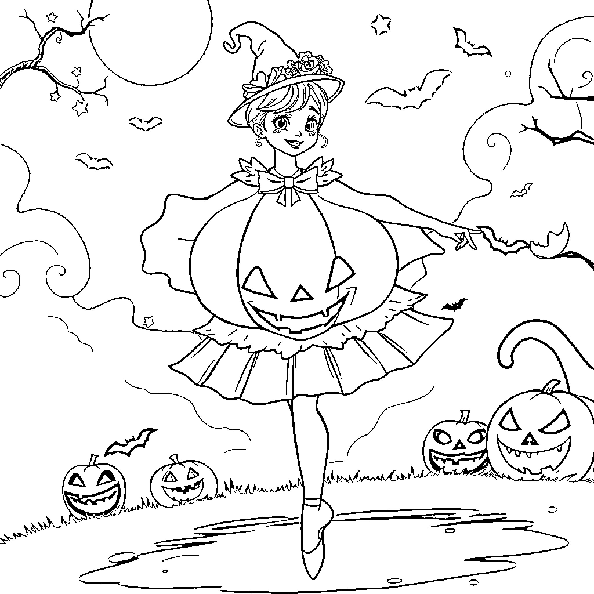 Pumpkin Princess Dances Under the Harvest Moon Coloring Page (free black-and-white line drawing printable PDF for all, from beginners to advanced learners, including children, teens, adults, and seniors)