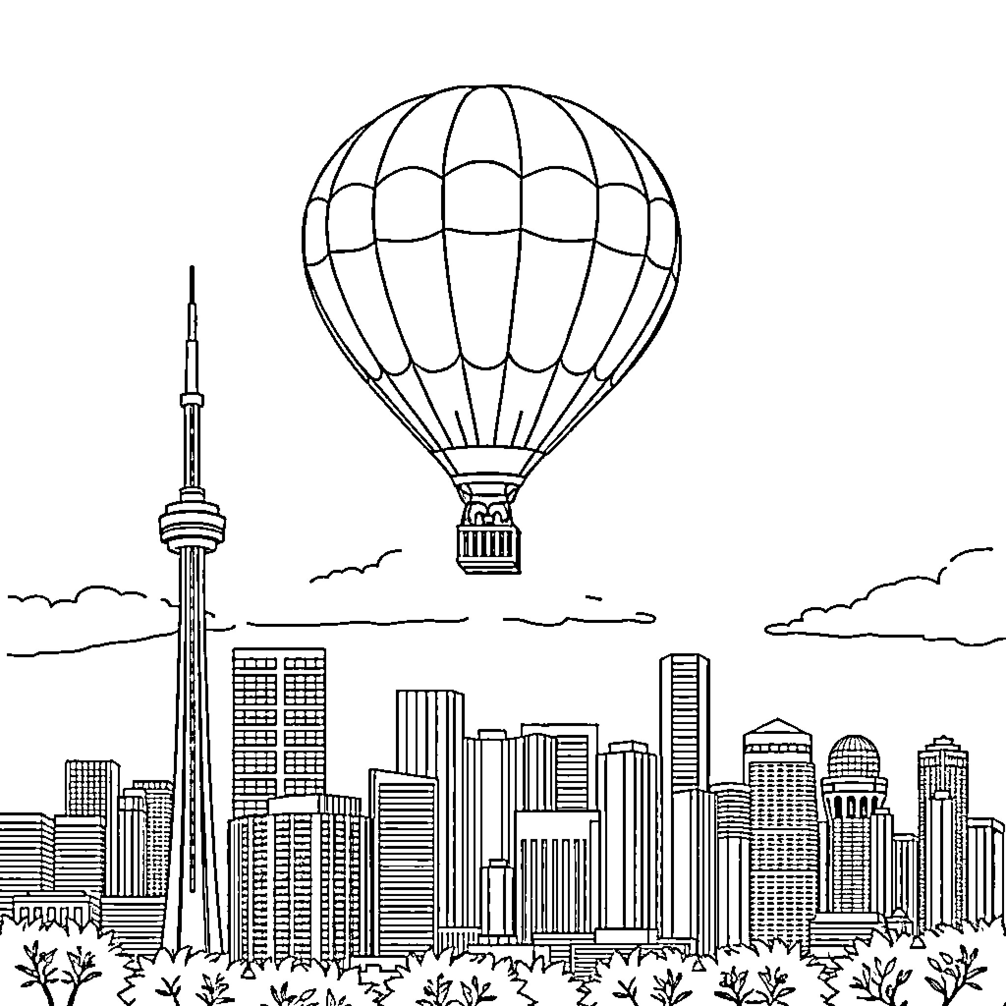 Hot Air Balloon Over Bustling City Skyline Coloring Page (free black-and-white line drawing printable PDF for all, from beginners to advanced learners, including children, teens, adults, and seniors)