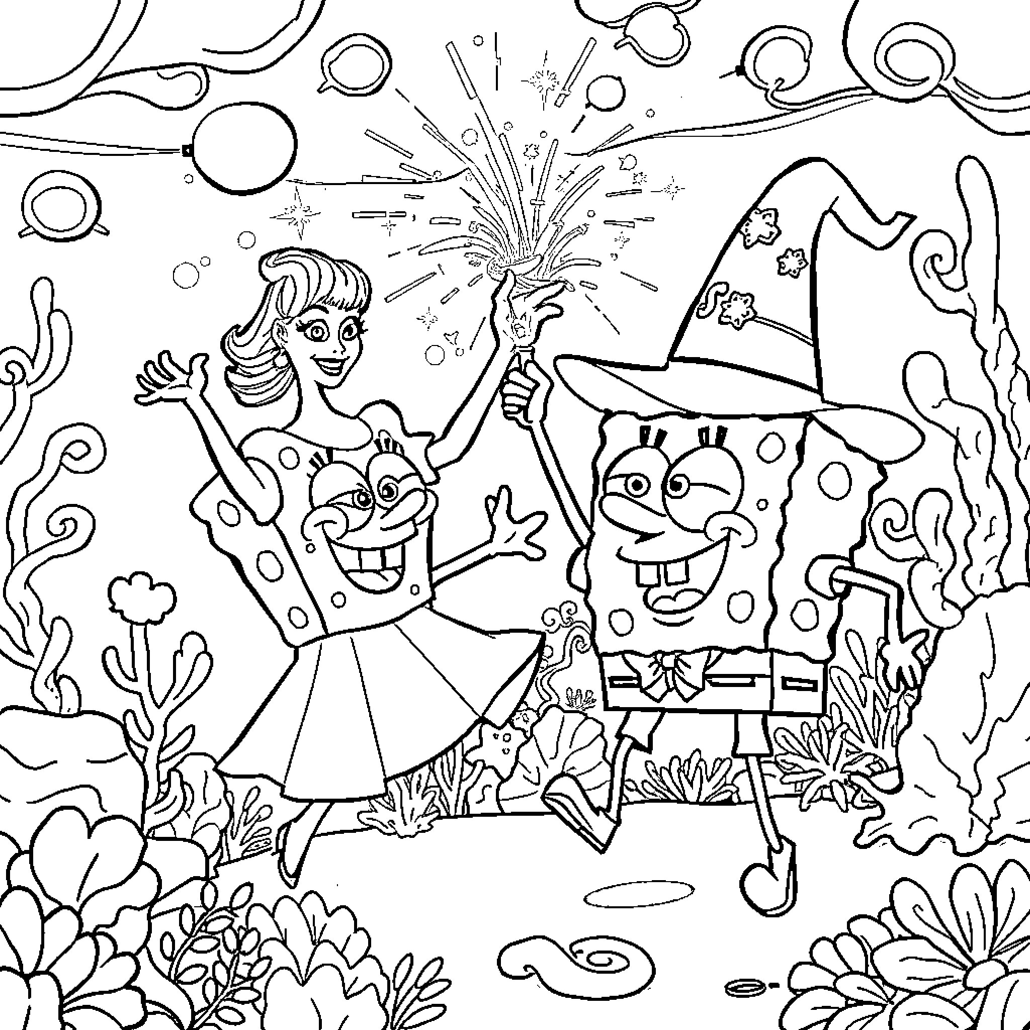Spongebob and Patrick Celebrate with Fireworks Coloring Page (free black-and-white line drawing printable PDF for all, from beginners to advanced learners, including children, teens, adults, and seniors)
