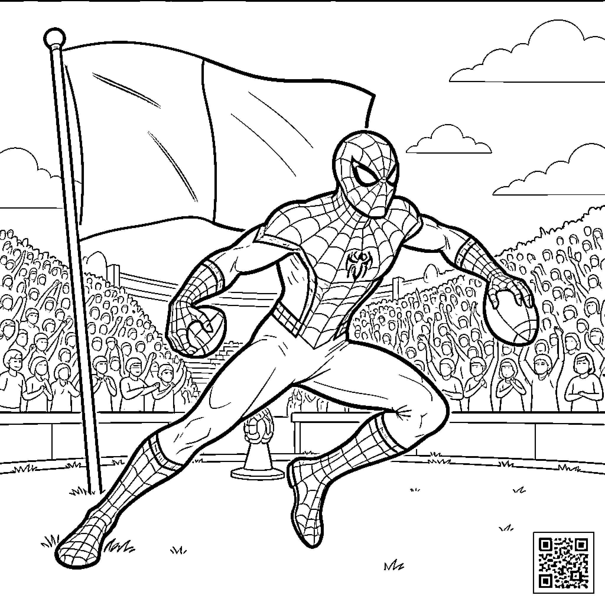 Spiderman running through a crowd with a flag Coloring Page (free black-and-white line drawing printable PDF for all, from beginners to advanced learners, including children, teens, adults, and seniors)
