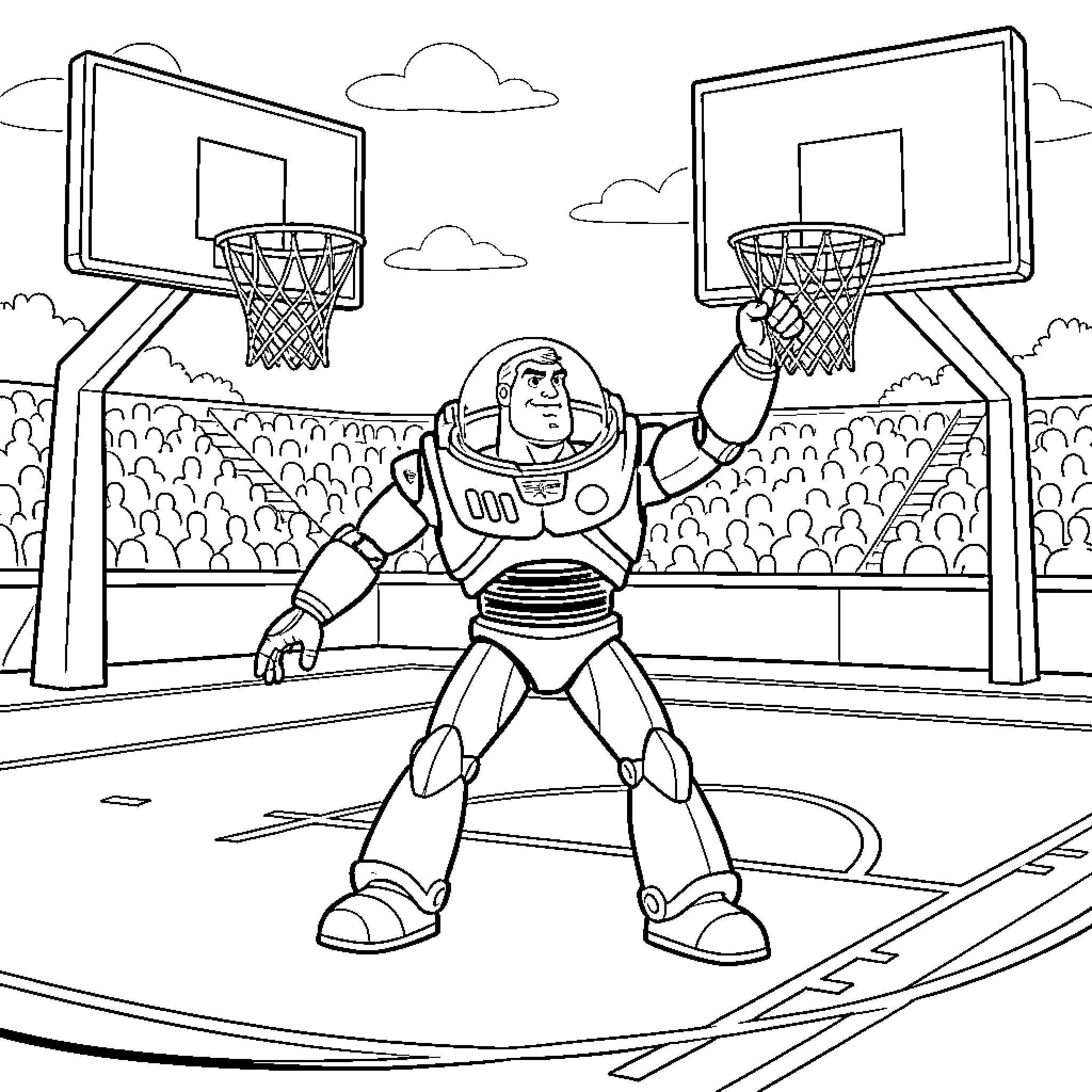 Buzz Lightyear playing basketball in a stadium Coloring Page (free black-and-white line drawing printable PDF for all, from beginners to advanced learners, including children, teens, adults, and seniors)