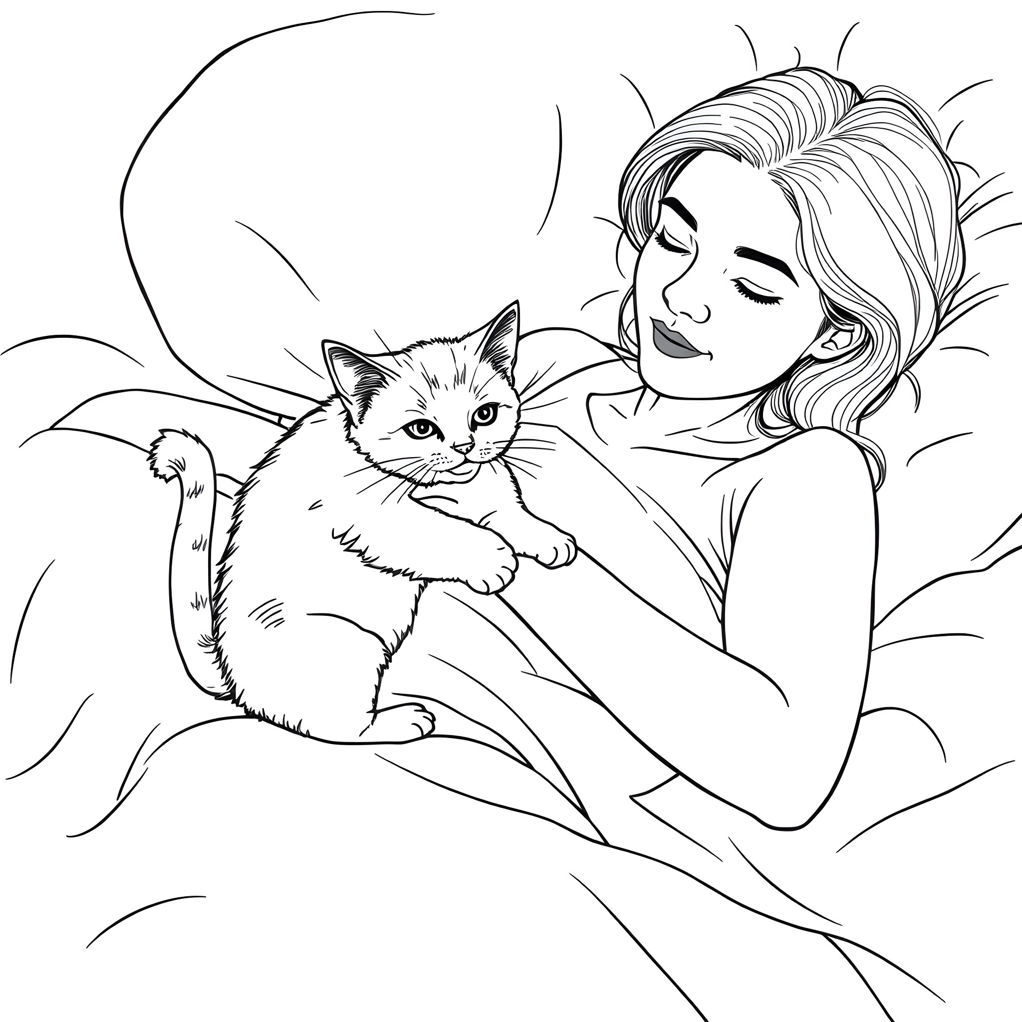 Woman cuddling a playful cat Coloring Page (free black-and-white line drawing printable PDF for all, from beginners to advanced learners, including children, teens, adults, and seniors)