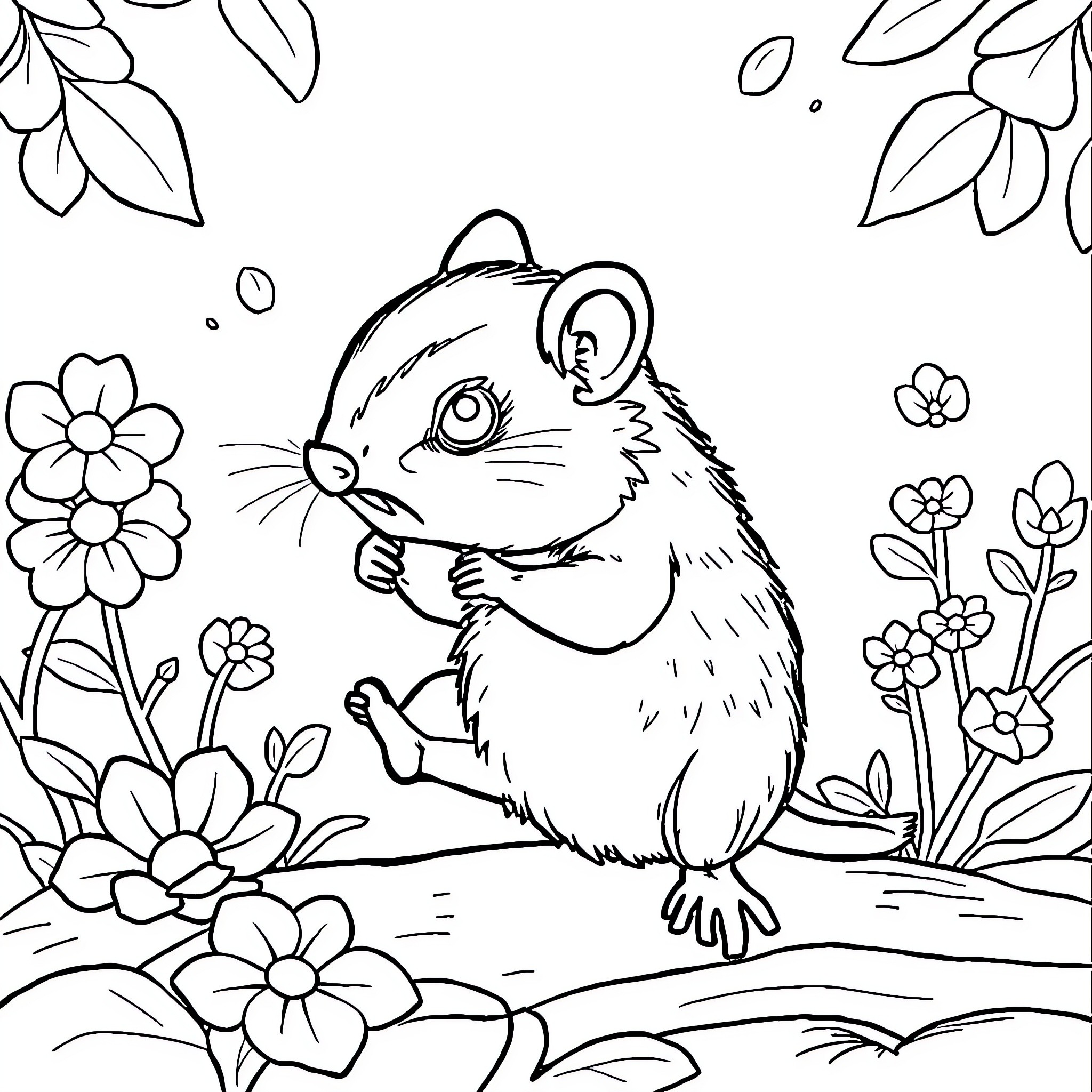 Pig enjoying a floral garden Coloring Page (free black-and-white line drawing printable PDF for all, from beginners to advanced learners, including children, teens, adults, and seniors)