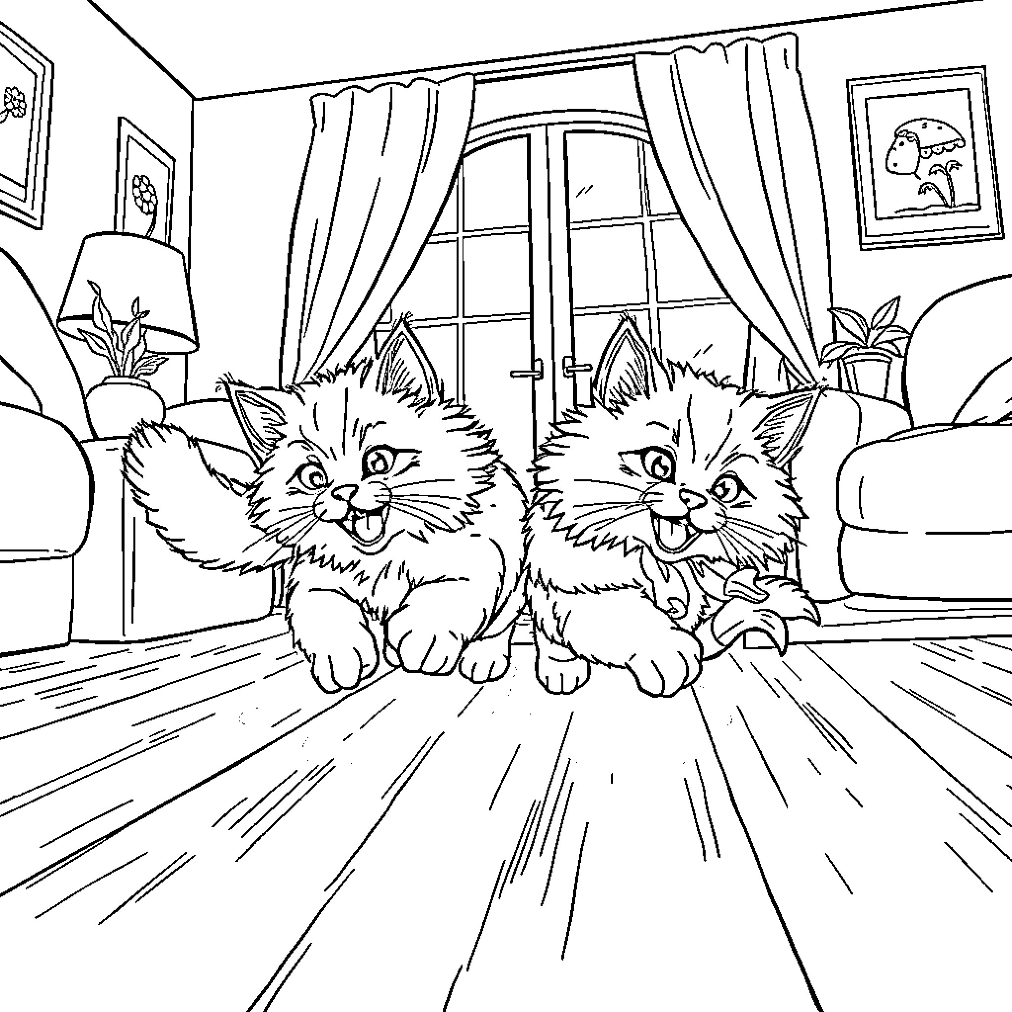 Cats Playfully Exploring Indoor Space Coloring Page (free black-and-white line drawing printable PDF for all, from beginners to advanced learners, including children, teens, adults, and seniors)
