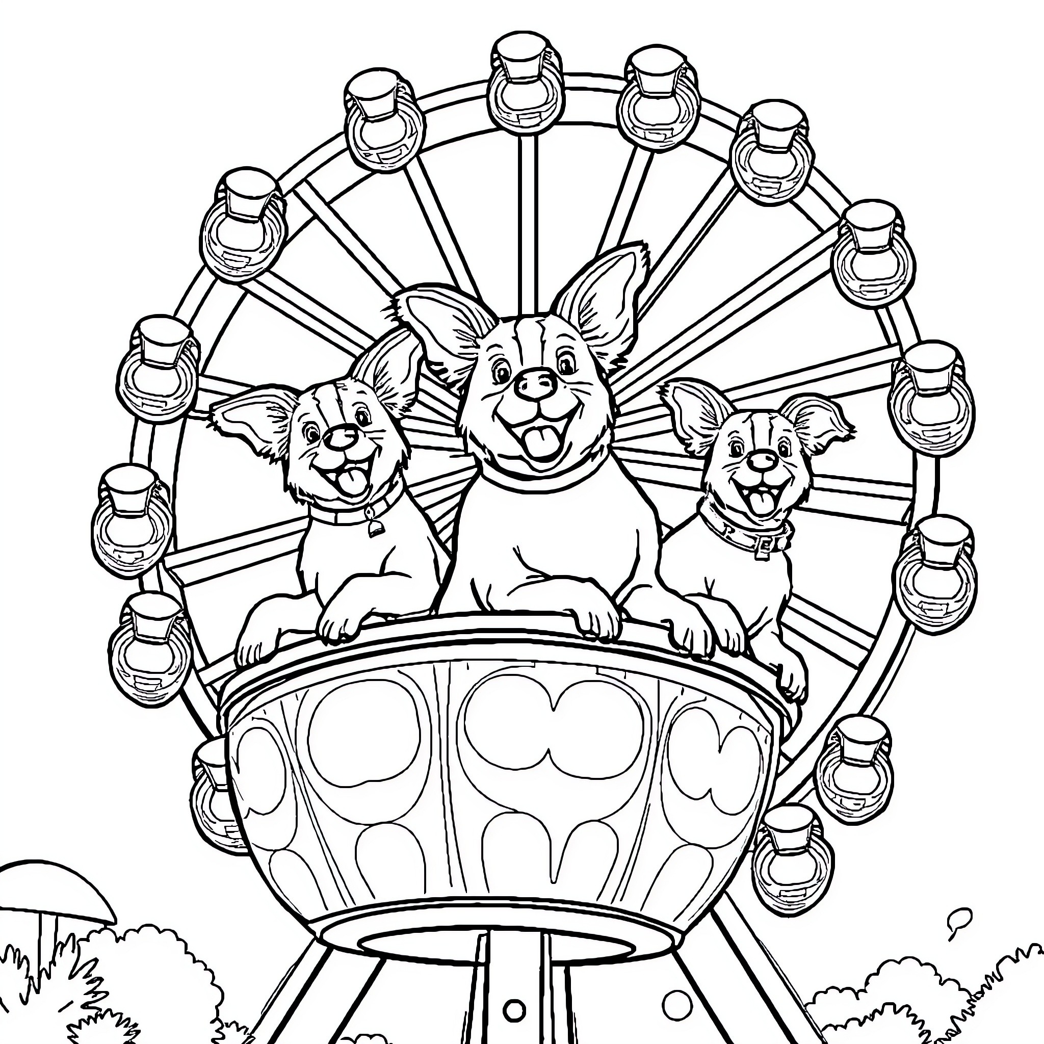 Dog friends on a ferris wheel ride Coloring Page (free black-and-white line drawing printable PDF for all, from beginners to advanced learners, including children, teens, adults, and seniors)