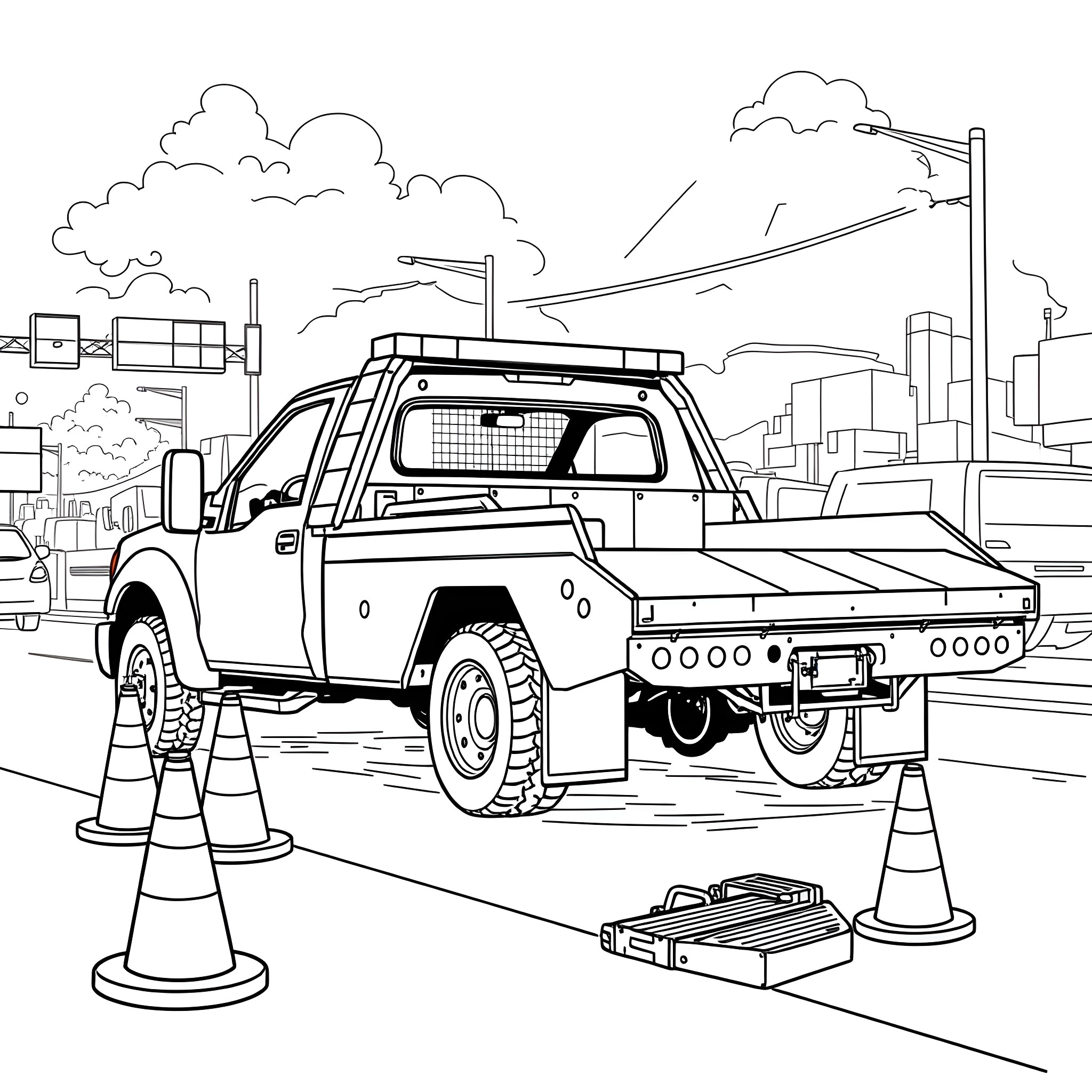 Rollback Truck Aiding in Urban Road Repair Coloring Page (free black-and-white line drawing printable PDF for all, from beginners to advanced learners, including children, teens, adults, and seniors)
