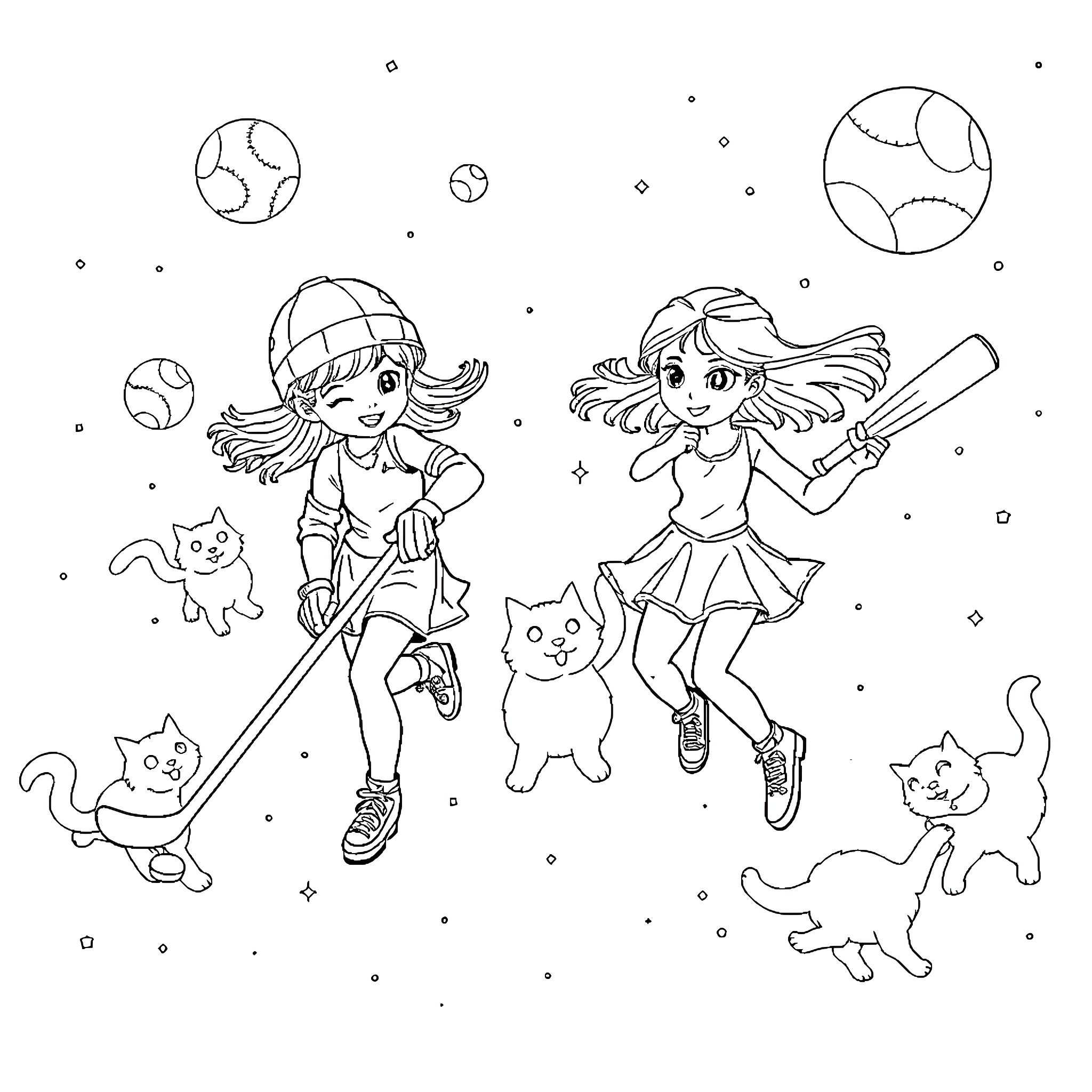 Girls playing with cats and balls in the night sky Coloring Page (free black-and-white line drawing printable PDF for all, from beginners to advanced learners, including children, teens, adults, and seniors)