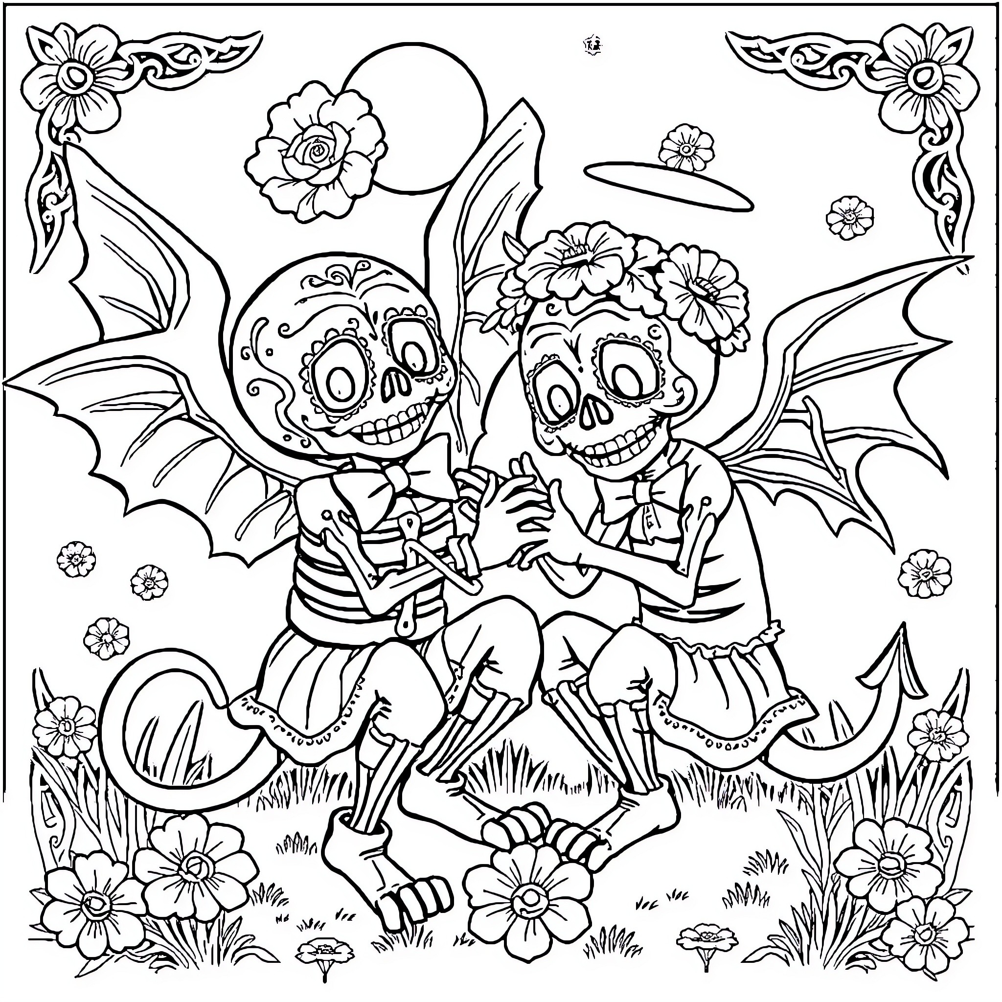Skull figures in festive attire amid floral decorations Coloring Page (free black-and-white line drawing printable PDF for all, from beginners to advanced learners, including children, teens, adults, and seniors)