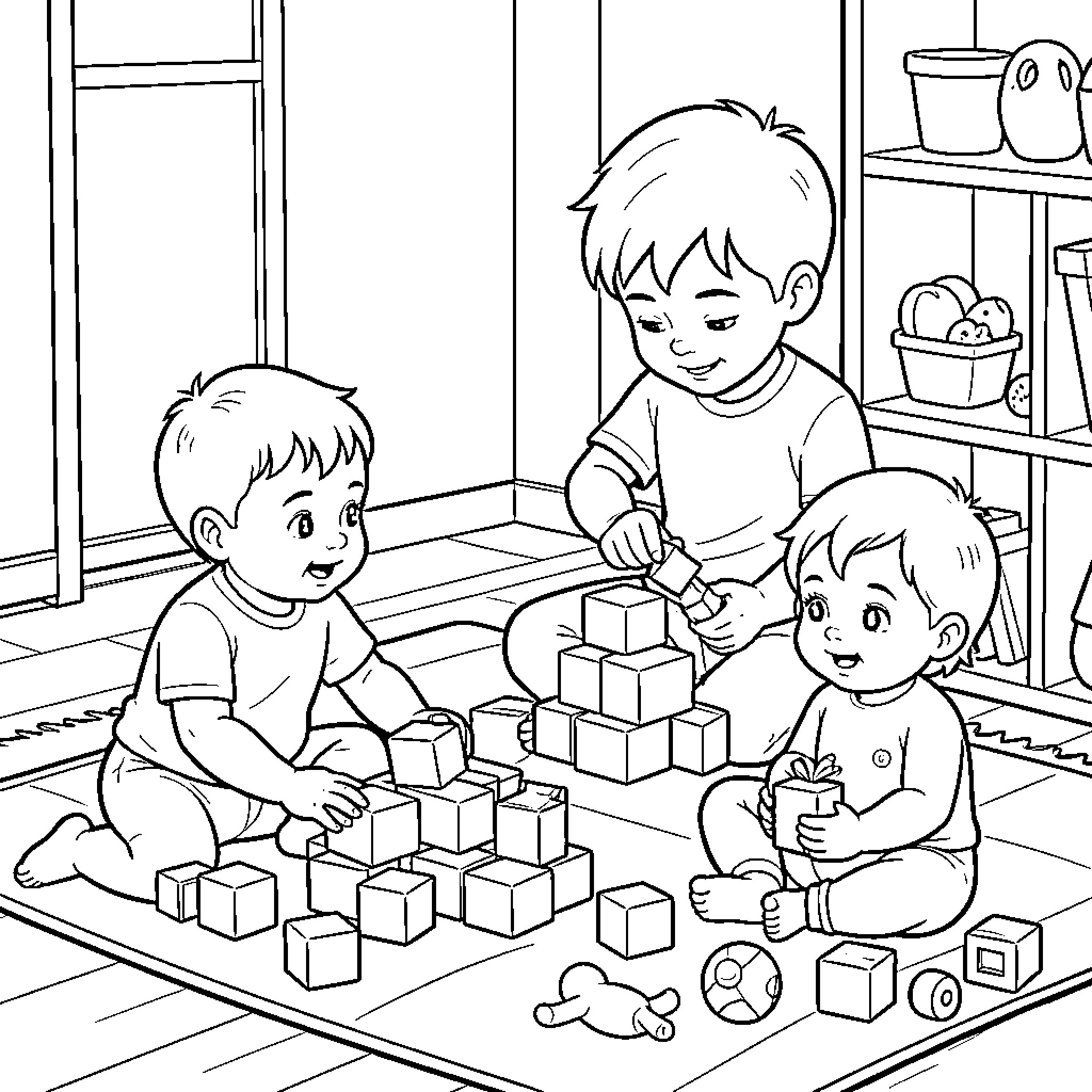 Child playing with building blocks on the floor Coloring Page (free black-and-white line drawing printable PDF for all, from beginners to advanced learners, including children, teens, adults, and seniors)
