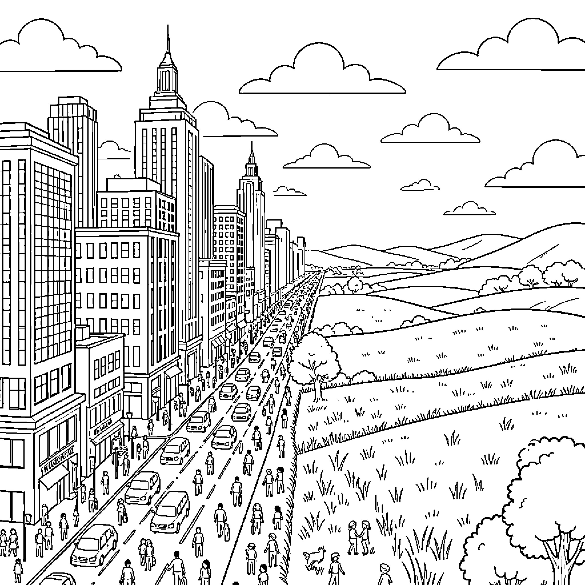 Life in a bustling city beside rolling hills Coloring Page (free black-and-white line drawing printable PDF for all, from beginners to advanced learners, including children, teens, adults, and seniors)