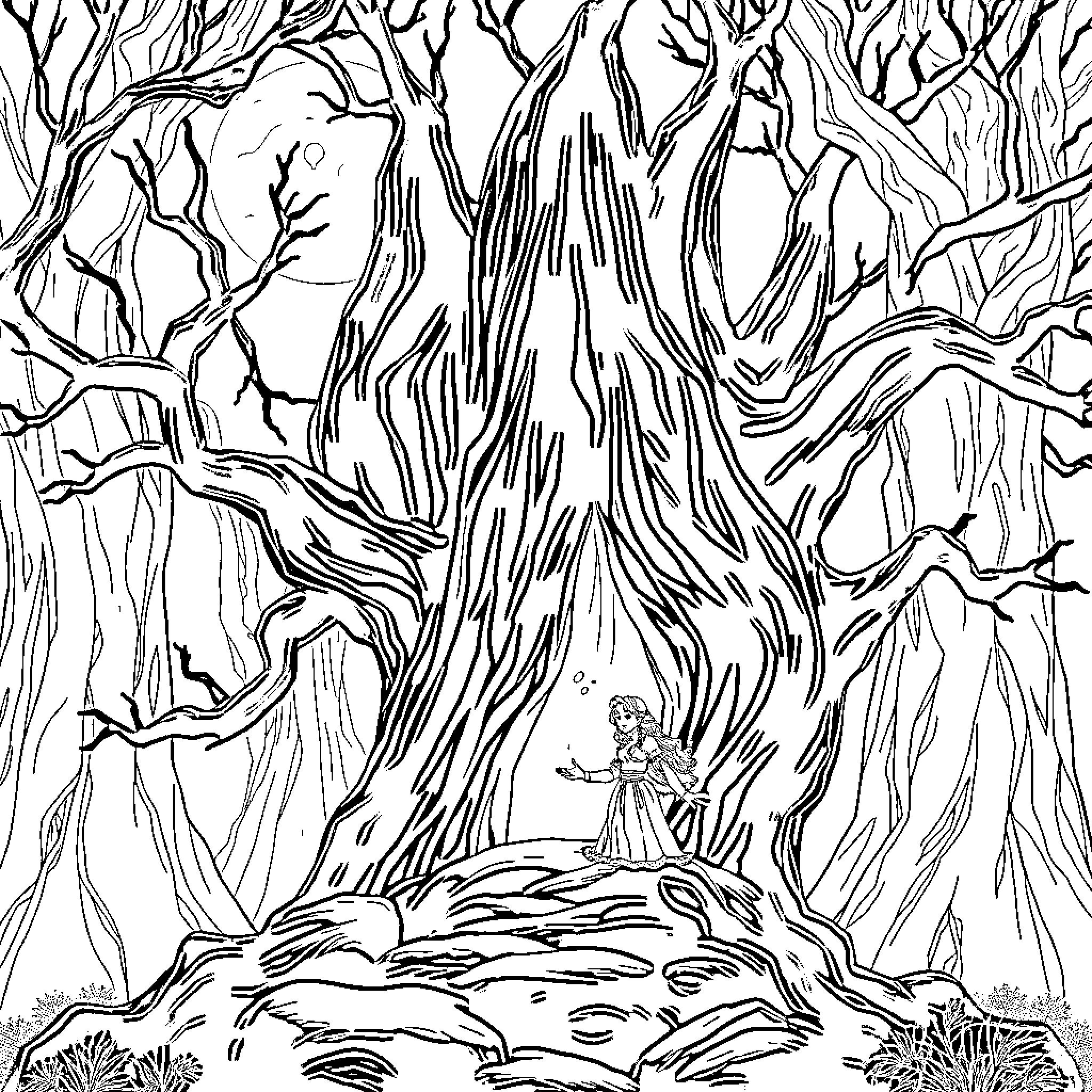 Rayla in the Mysterious Forest Landscape Coloring Page (free black-and-white line drawing printable PDF for all, from beginners to advanced learners, including children, teens, adults, and seniors)
