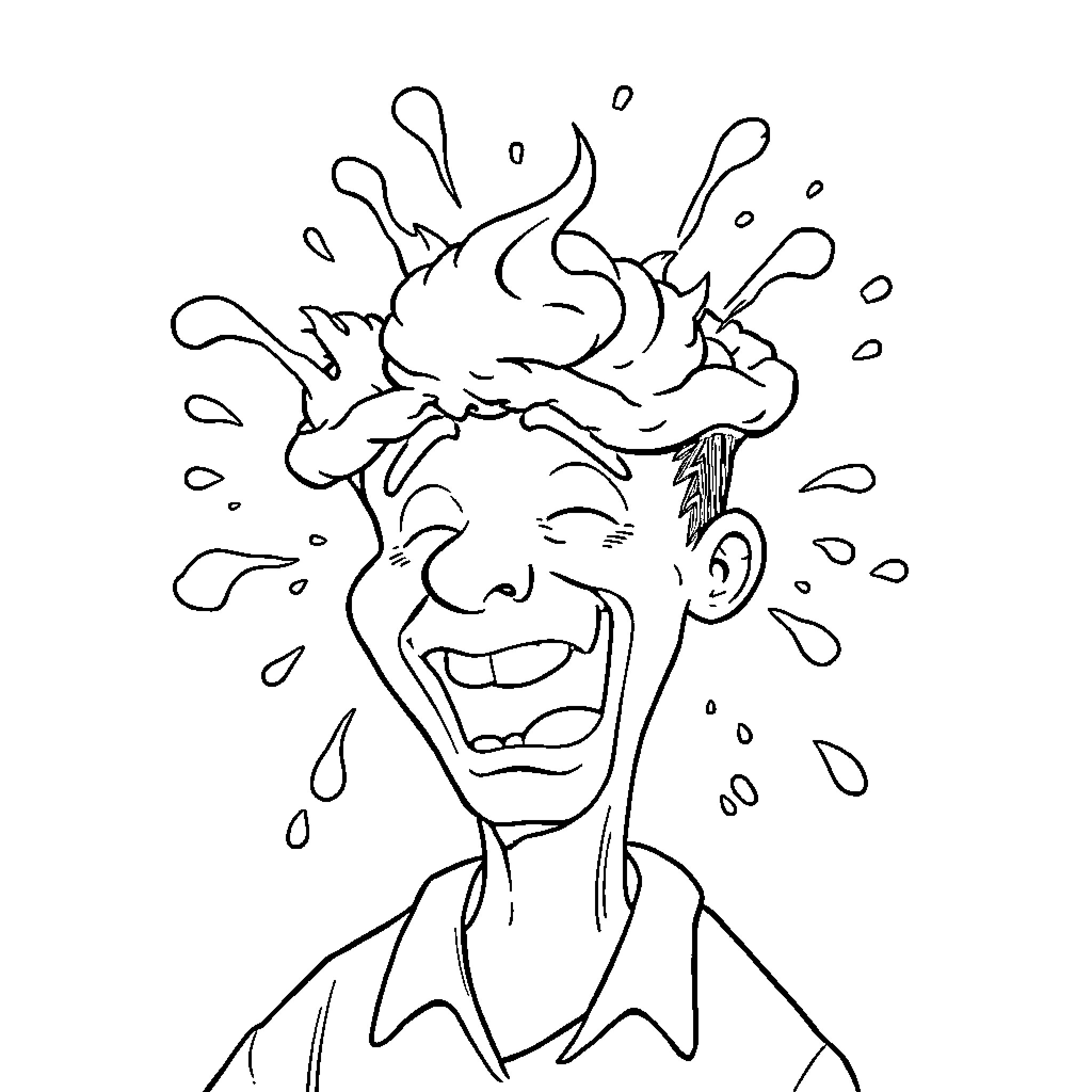 Pie Laughing Man with Exploding Hair Coloring Page (free black-and-white line drawing printable PDF for all, from beginners to advanced learners, including children, teens, adults, and seniors)