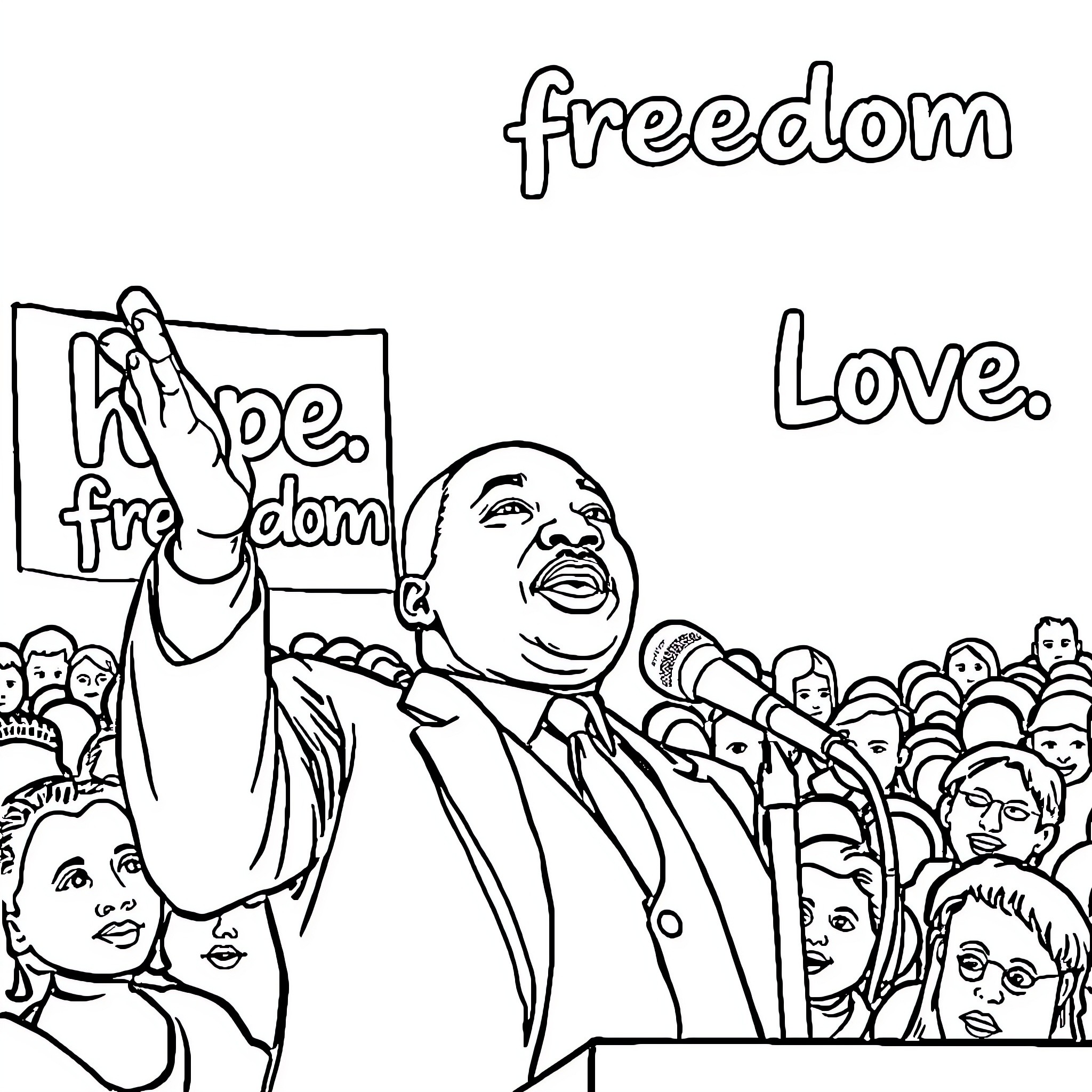 Martin Luther King Jr. Inspiring Crowd with Message of Freedom and Love Coloring Page (free black-and-white line drawing printable PDF for all, from beginners to advanced learners, including children, teens, adults, and seniors)