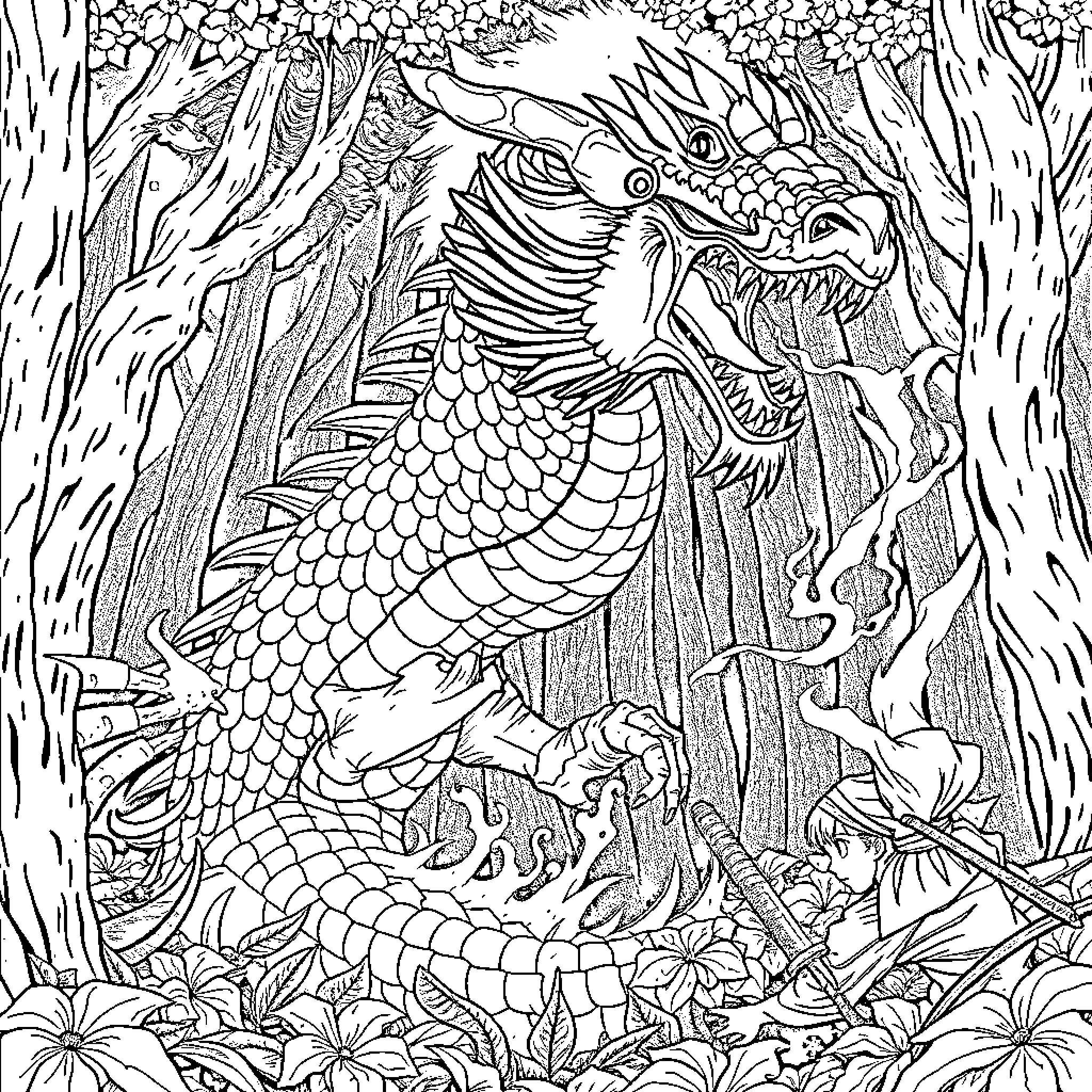 Dragon in Magical Forest Encounter Coloring Page (free black-and-white line drawing printable PDF for all, from beginners to advanced learners, including children, teens, adults, and seniors)