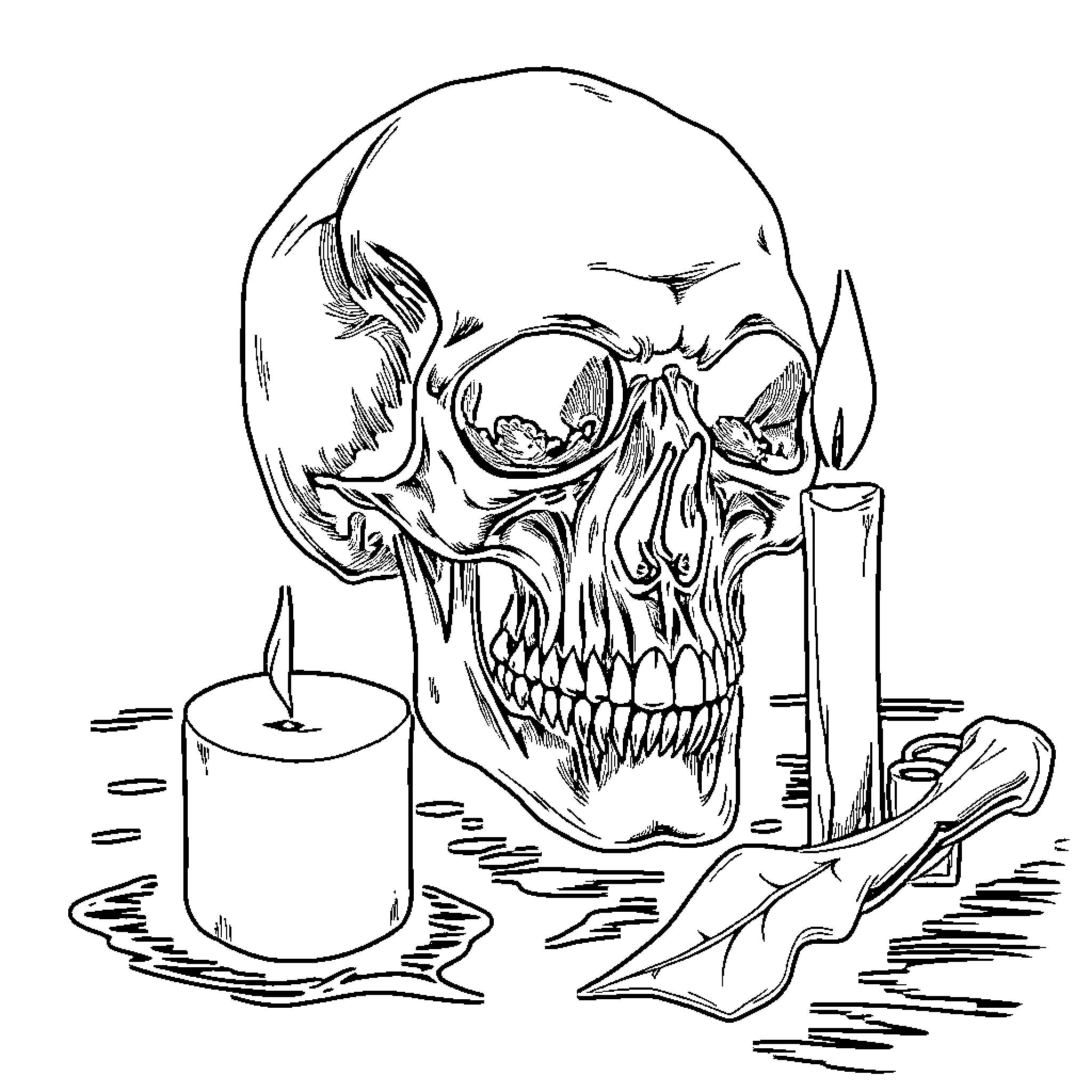 Skull engulfed in dark flames and shadows Coloring Page (free black-and-white line drawing printable PDF for all, from beginners to advanced learners, including children, teens, adults, and seniors)