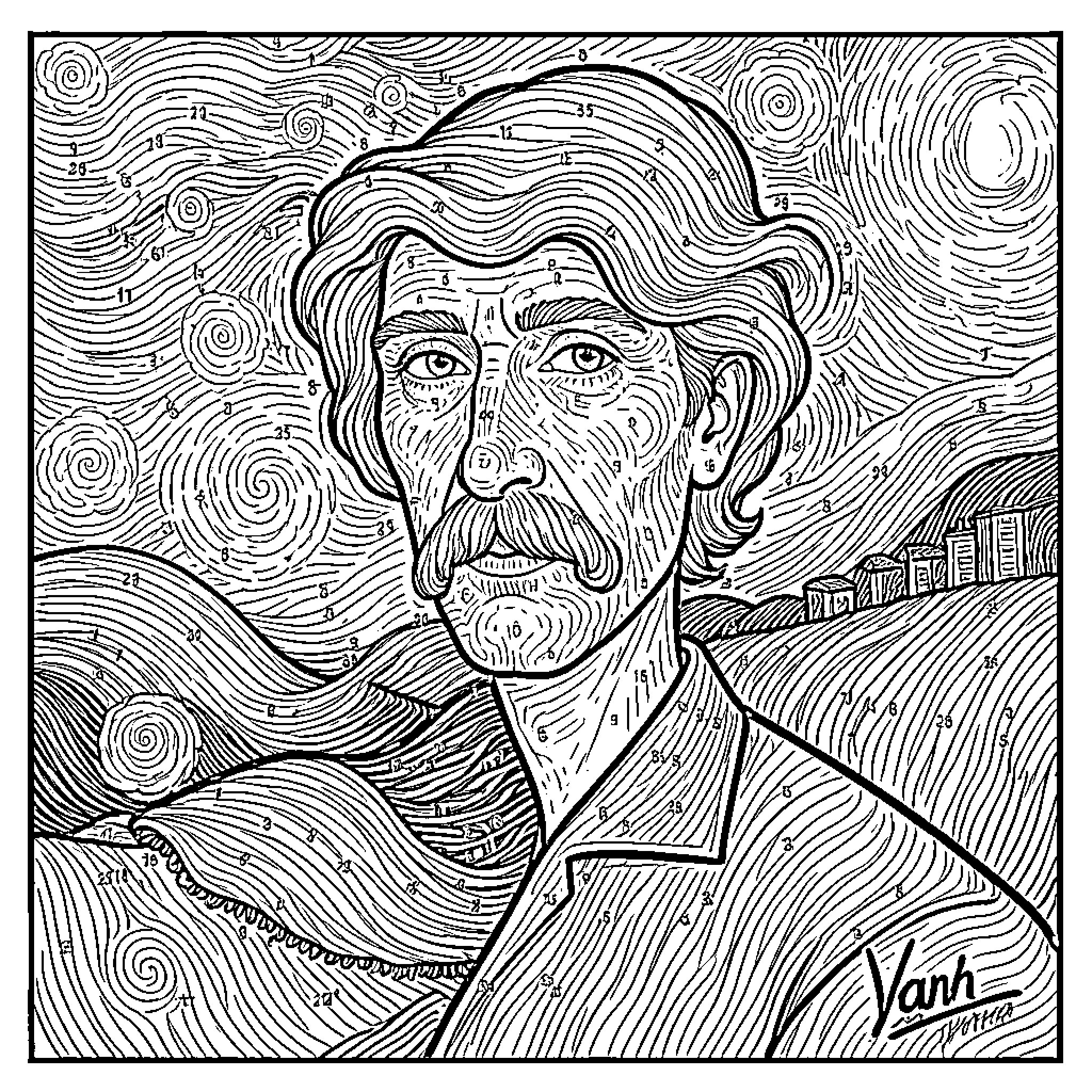 Van Gogh's Intense Gaze and Expressive Portrait Coloring Page (free black-and-white line drawing printable PDF for all, from beginners to advanced learners, including children, teens, adults, and seniors)