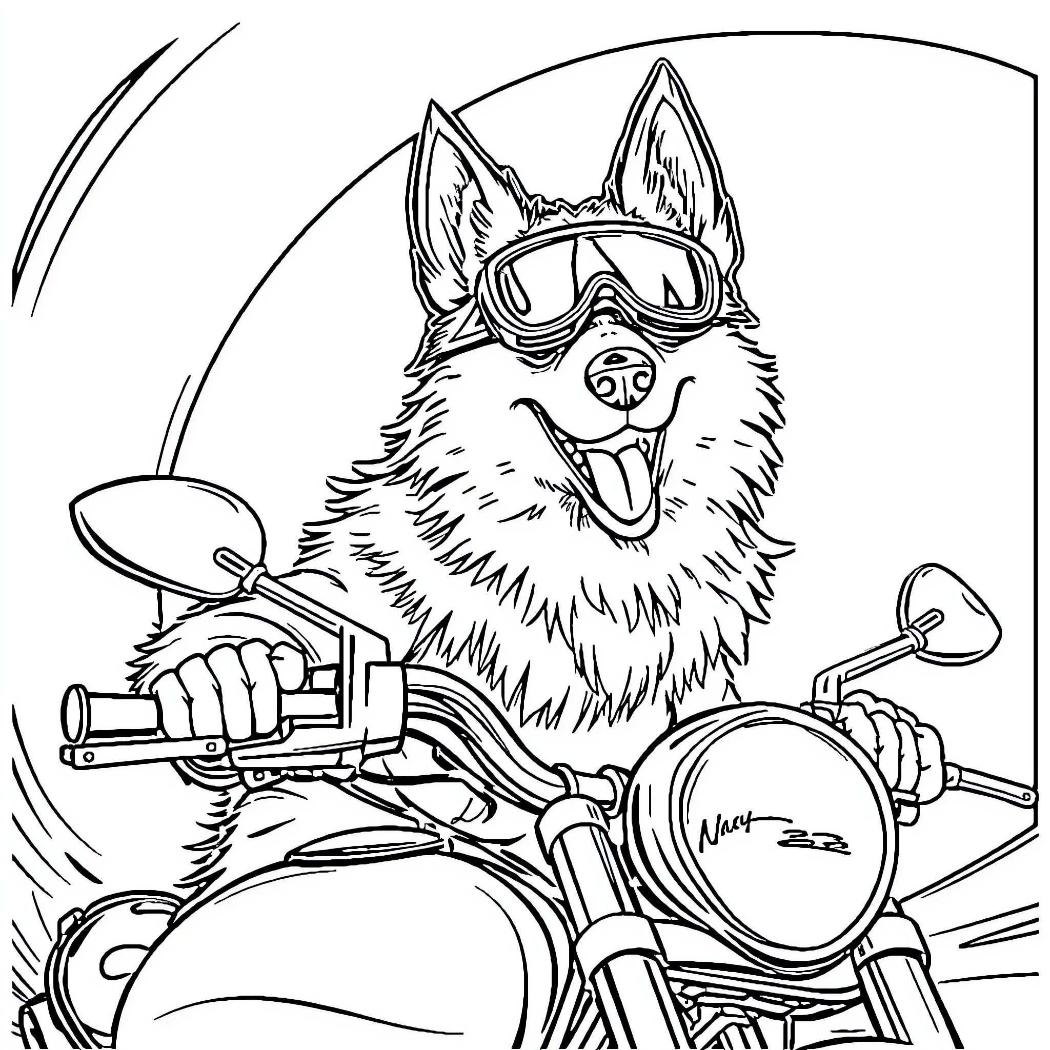 Husky riding a motorcycle with adventure gear Coloring Page (free black-and-white line drawing printable PDF for all, from beginners to advanced learners, including children, teens, adults, and seniors)
