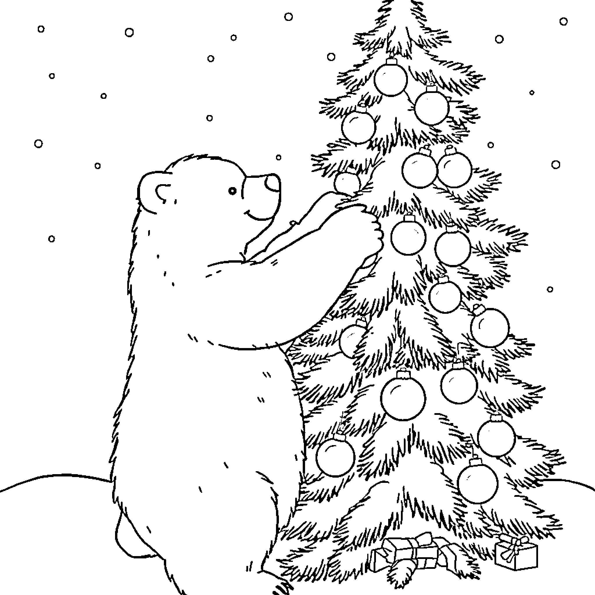 Polar Bear Decorating Christmas Tree Coloring Page (free black-and-white line drawing printable PDF for all, from beginners to advanced learners, including children, teens, adults, and seniors)