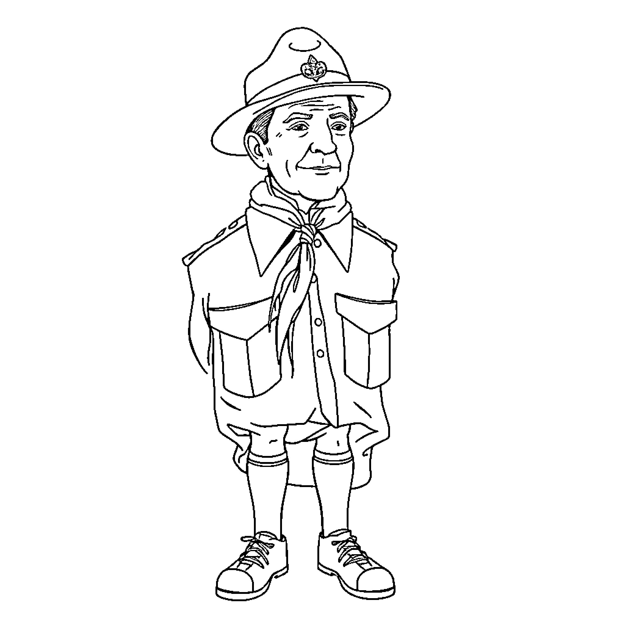Baden Powell in Scout Uniform Smiling Coloring Page (free black-and-white line drawing printable PDF for all, from beginners to advanced learners, including children, teens, adults, and seniors)