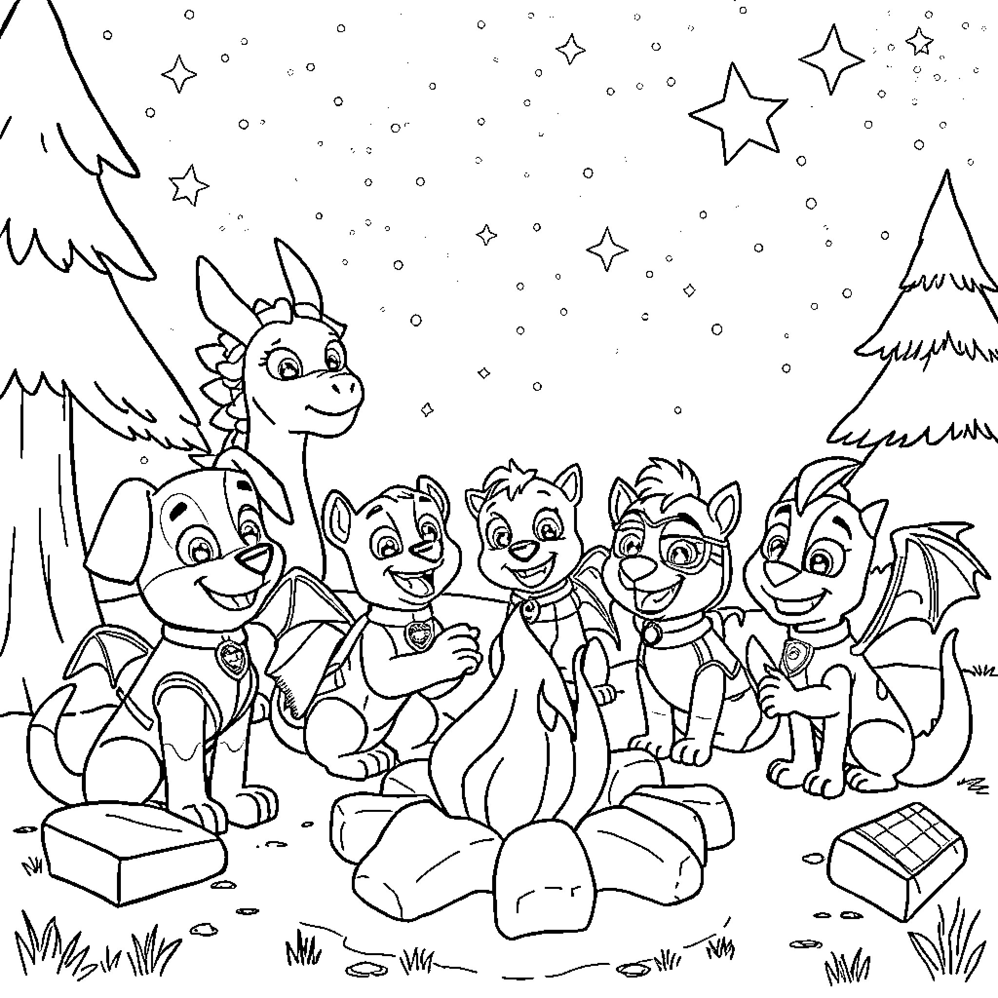 Dragon Pups Enjoying a Starry Night Coloring Page (free black-and-white line drawing printable PDF for all, from beginners to advanced learners, including children, teens, adults, and seniors)