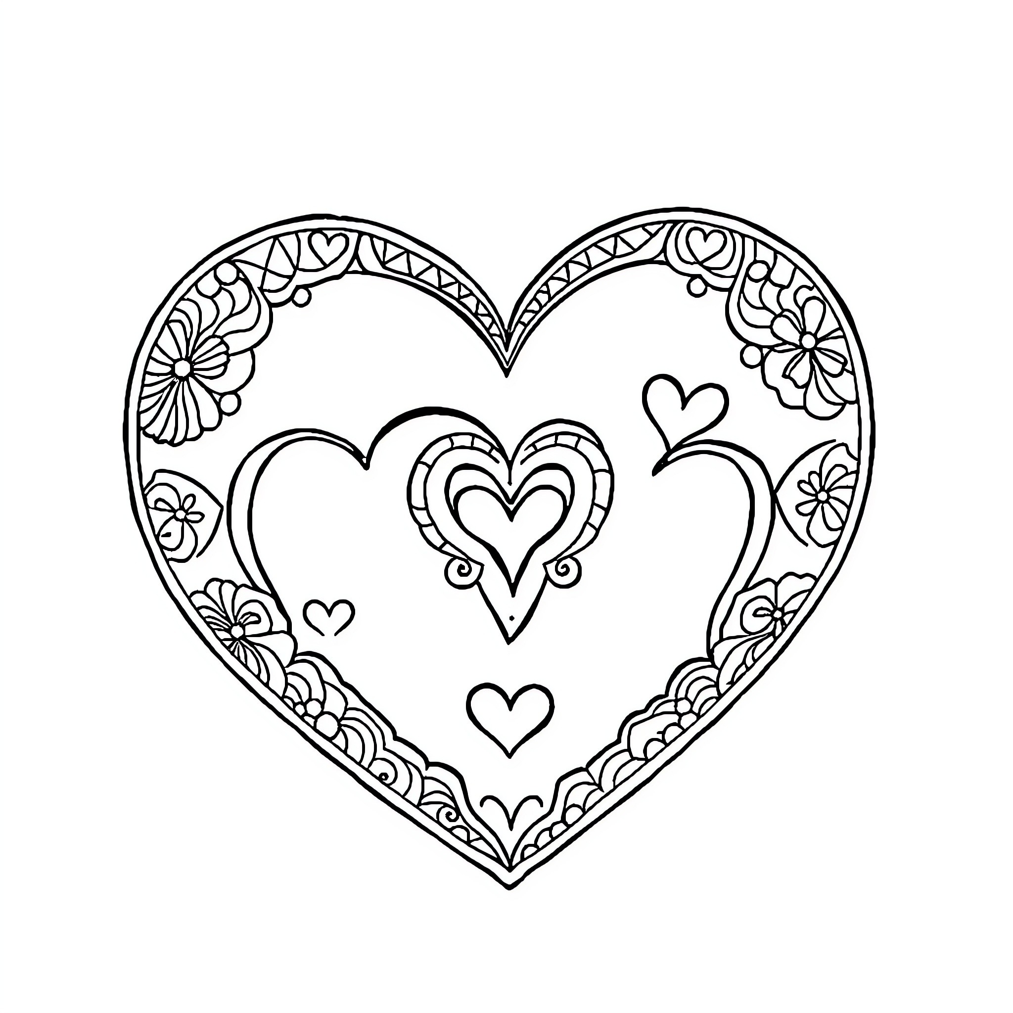 Heart filled with intricate floral patterns Coloring Page (free black-and-white line drawing printable PDF for all, from beginners to advanced learners, including children, teens, adults, and seniors)