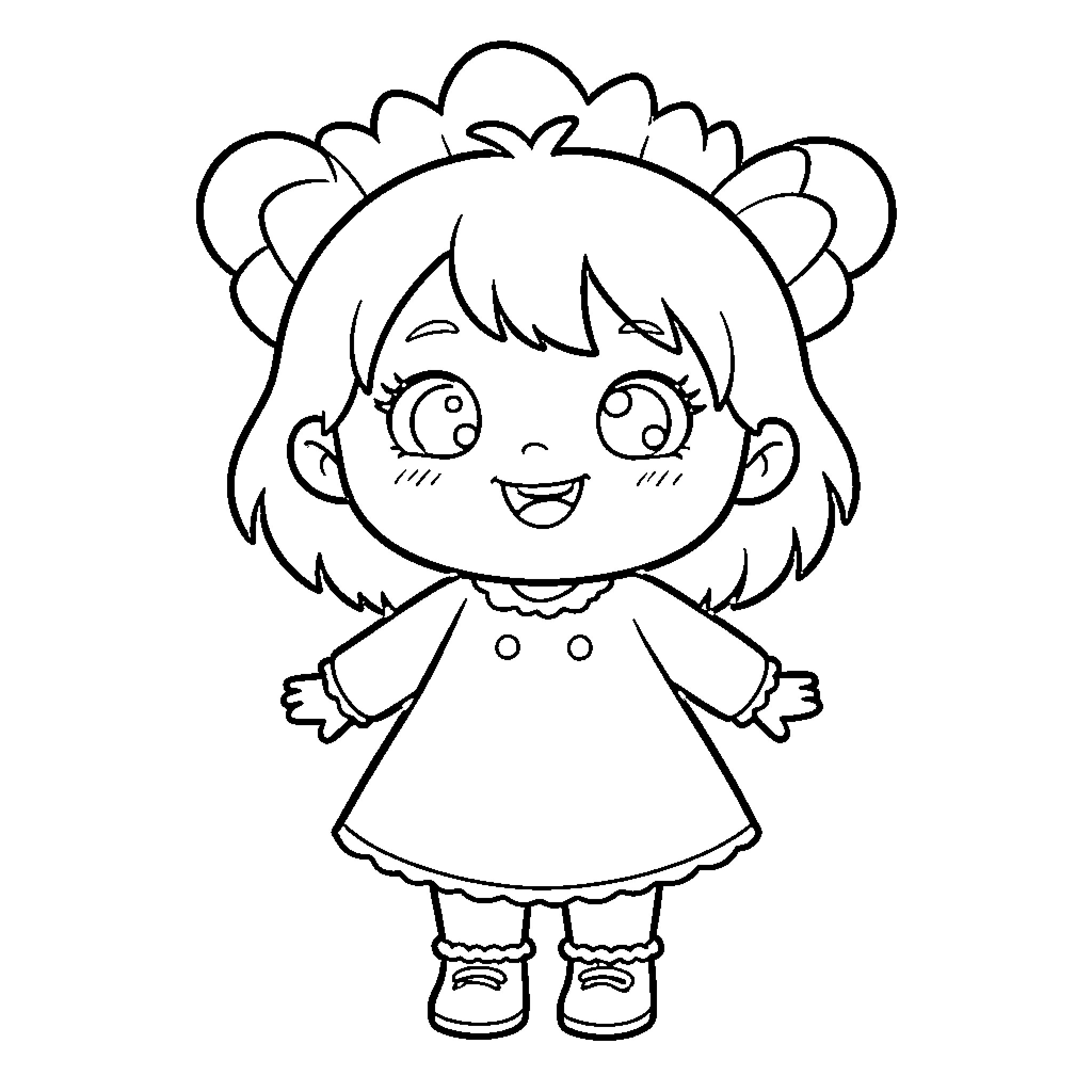 Malame Amarele happy little girl wearing a dress Coloring Page (free black-and-white line drawing printable PDF for all, from beginners to advanced learners, including children, teens, adults, and seniors)