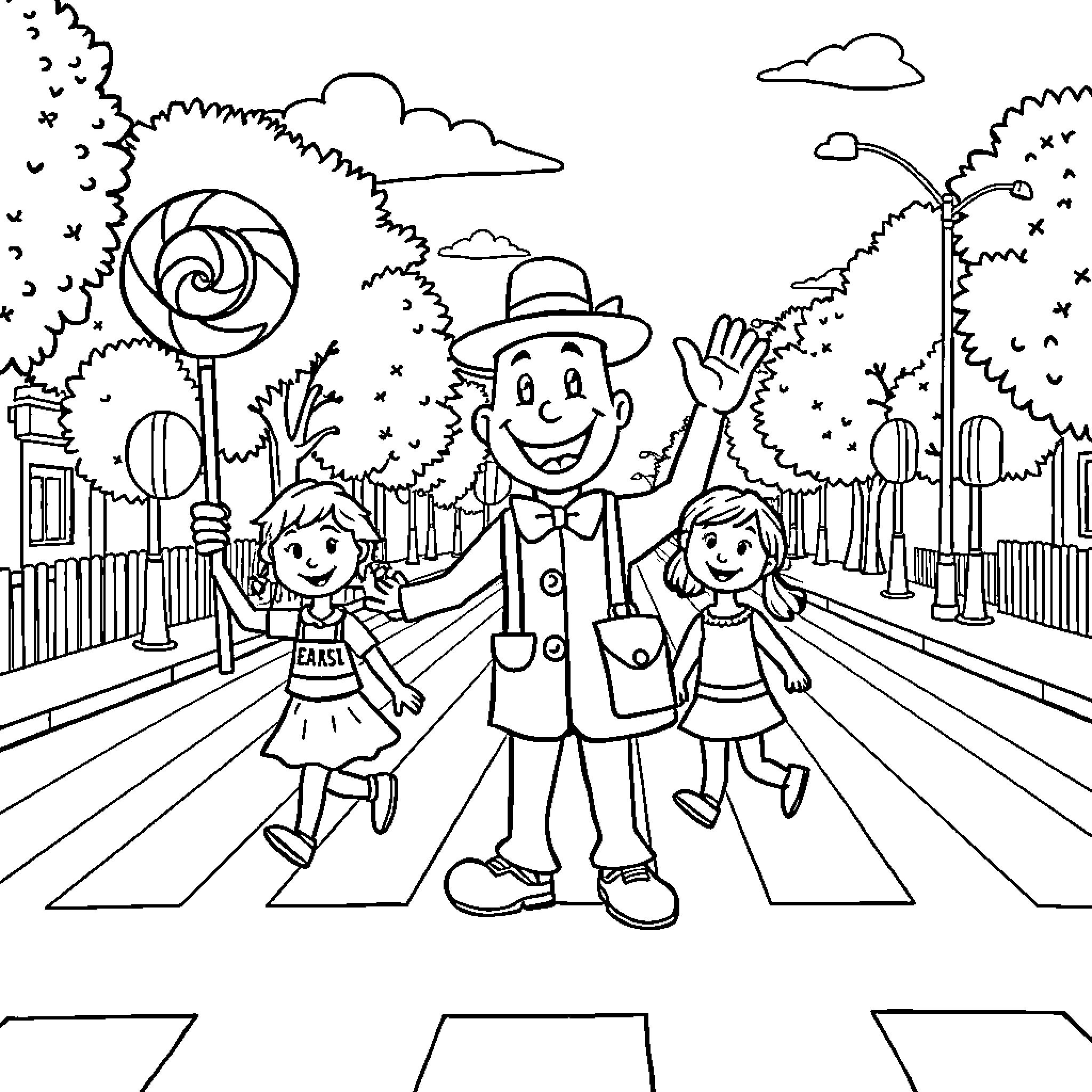 Lollipop Man Guides Children Across Colorful Street Coloring Page (free black-and-white line drawing printable PDF for all, from beginners to advanced learners, including children, teens, adults, and seniors)