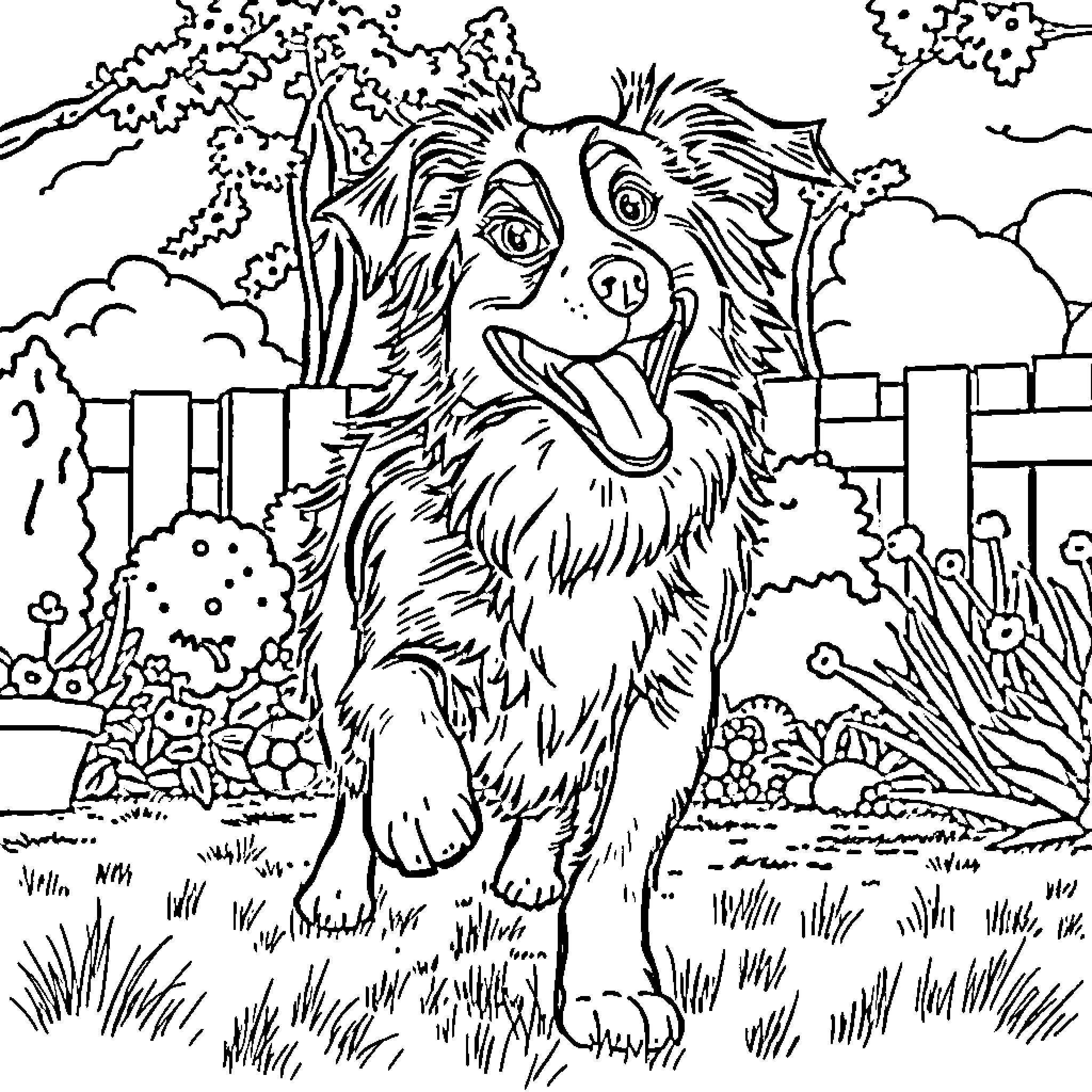 Australian Shepherd playing joyfully in the garden Coloring Page (free black-and-white line drawing printable PDF for all, from beginners to advanced learners, including children, teens, adults, and seniors)