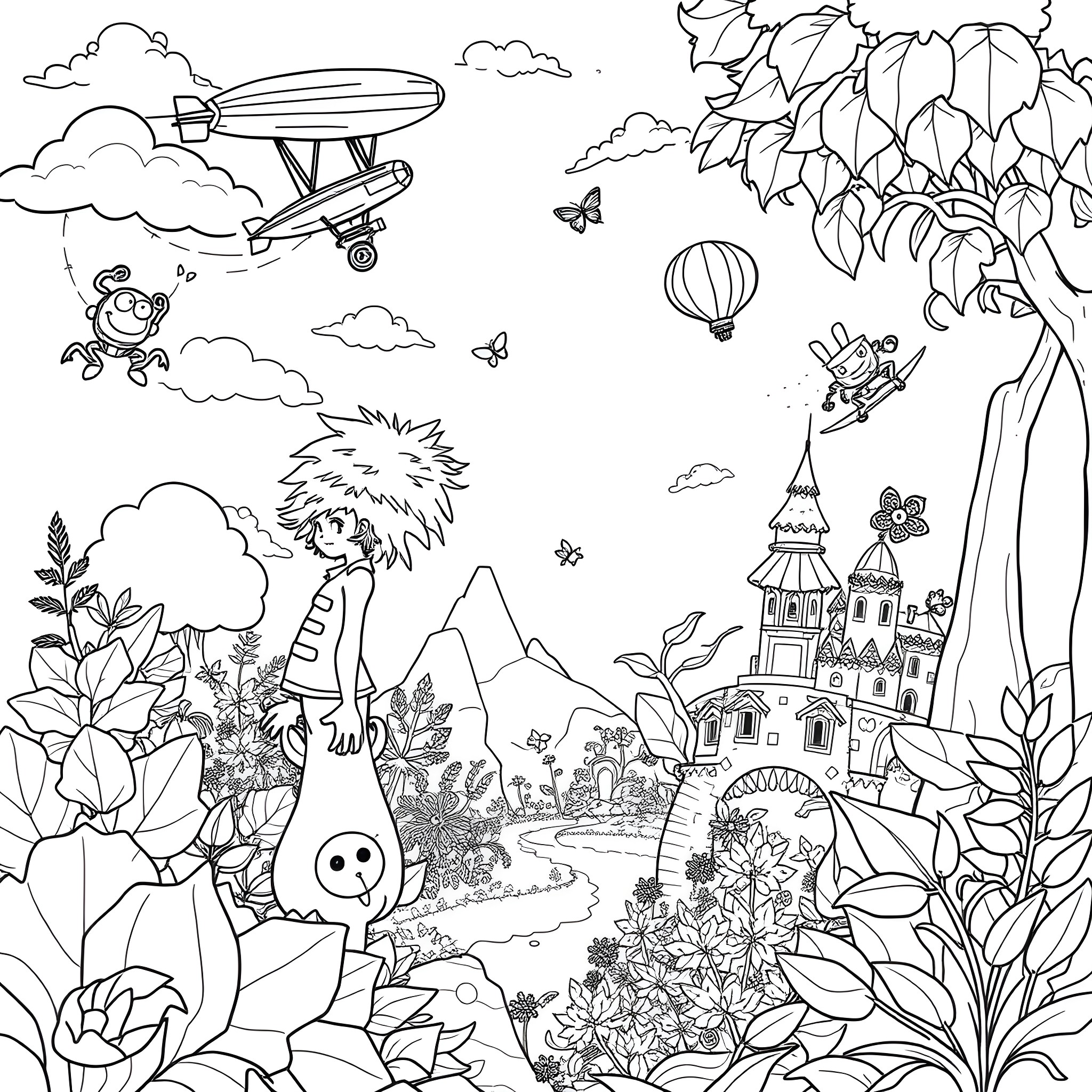 Dandy Characters in a Whimsical Fantasy Landscape Coloring Page (free black-and-white line drawing printable PDF for all, from beginners to advanced learners, including children, teens, adults, and seniors)
