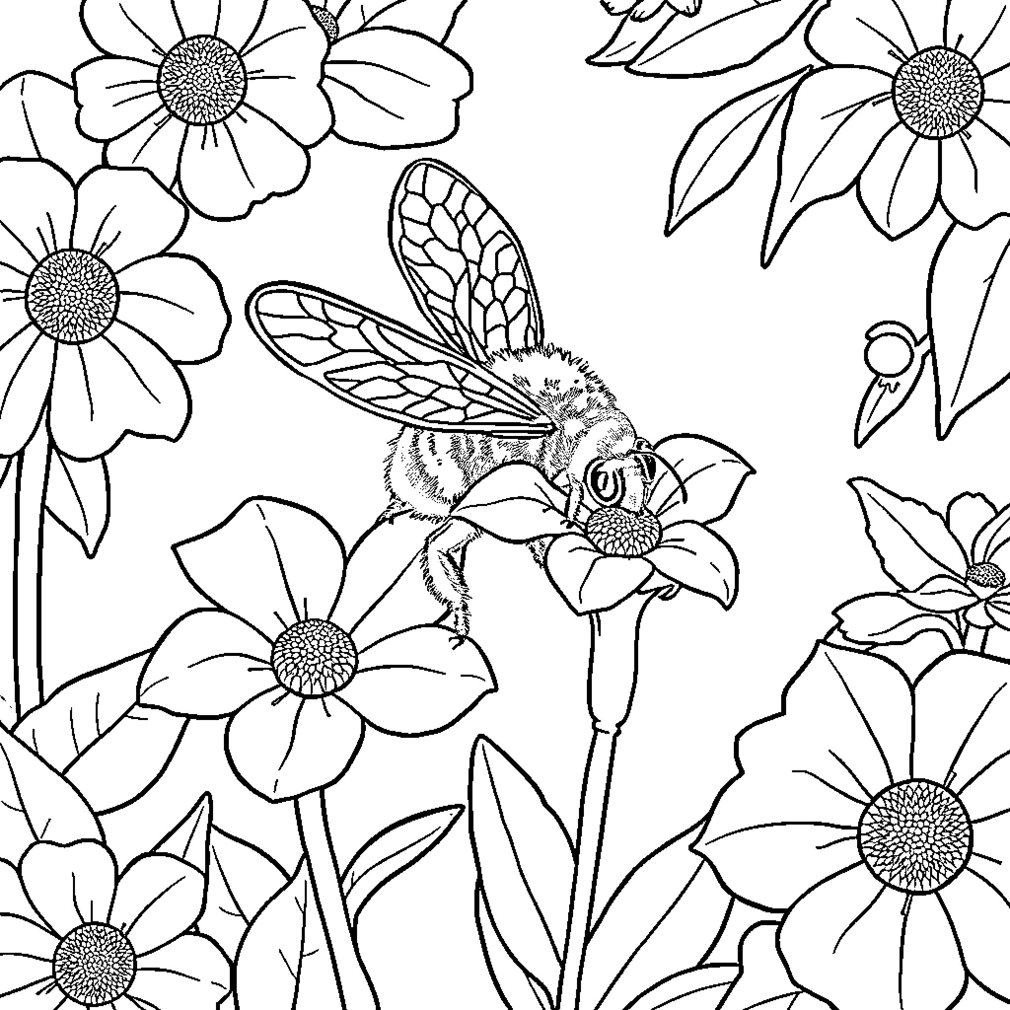 Abeja amigable en un jardín florido Coloring Page (free black-and-white line drawing printable PDF for all, from beginners to advanced learners, including children, teens, adults, and seniors)